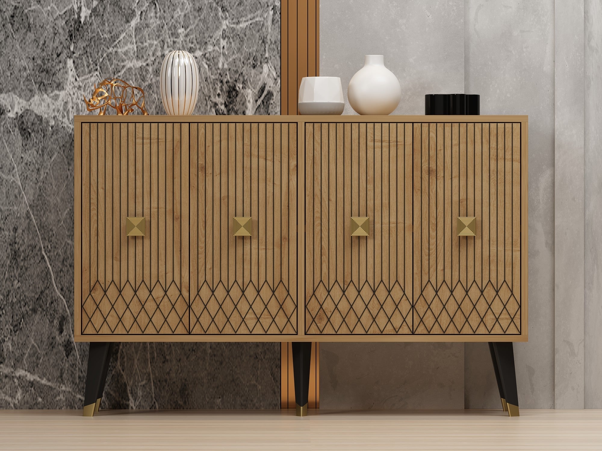 Aparador em Painel de Partículas – 120 x 30 x 80 cm – Carvalho Safira e Dourado