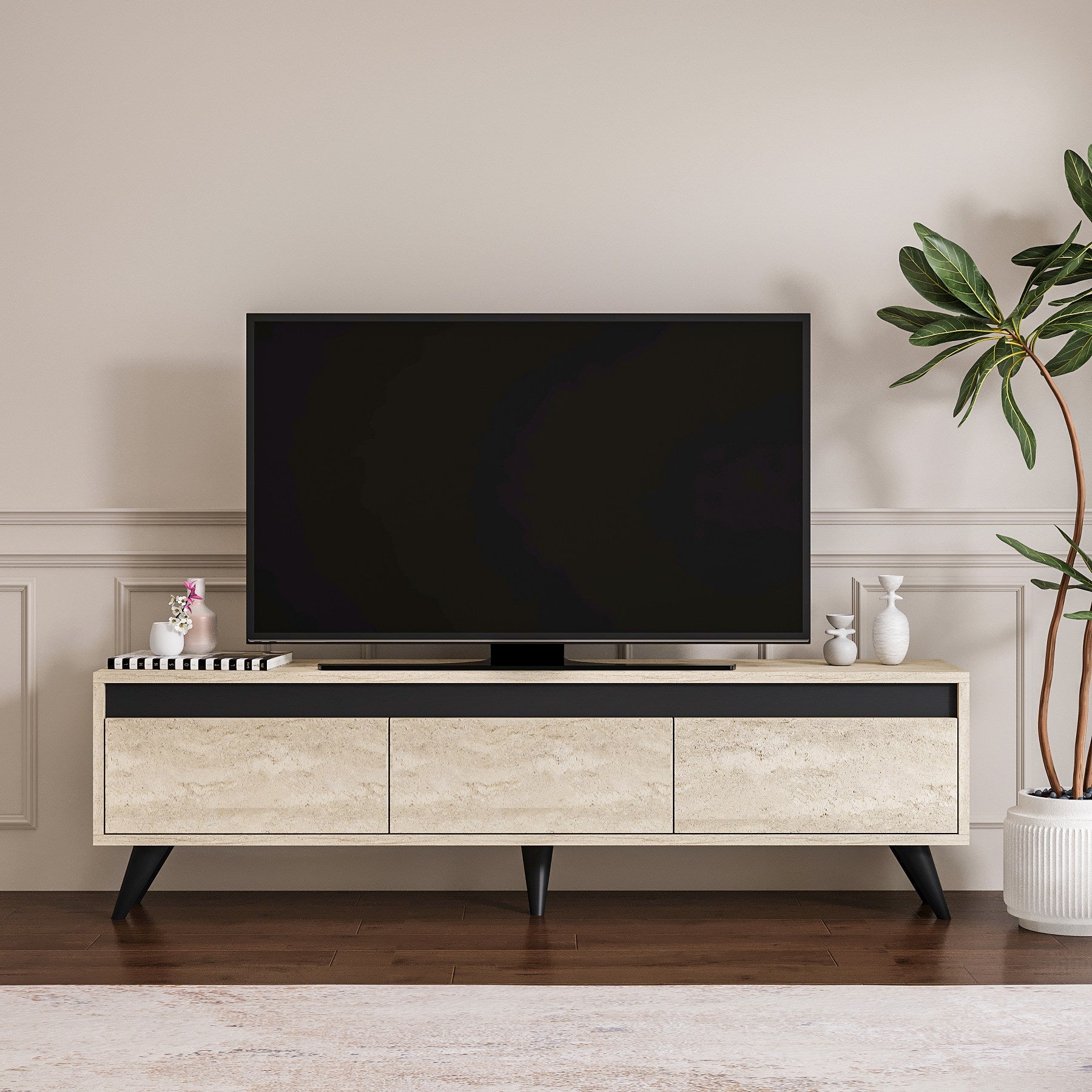 Móvel de TV – 150 cm x 29,6 cm x 45 cm – Travertino e Antracito – Placa de Partículas e Plástico