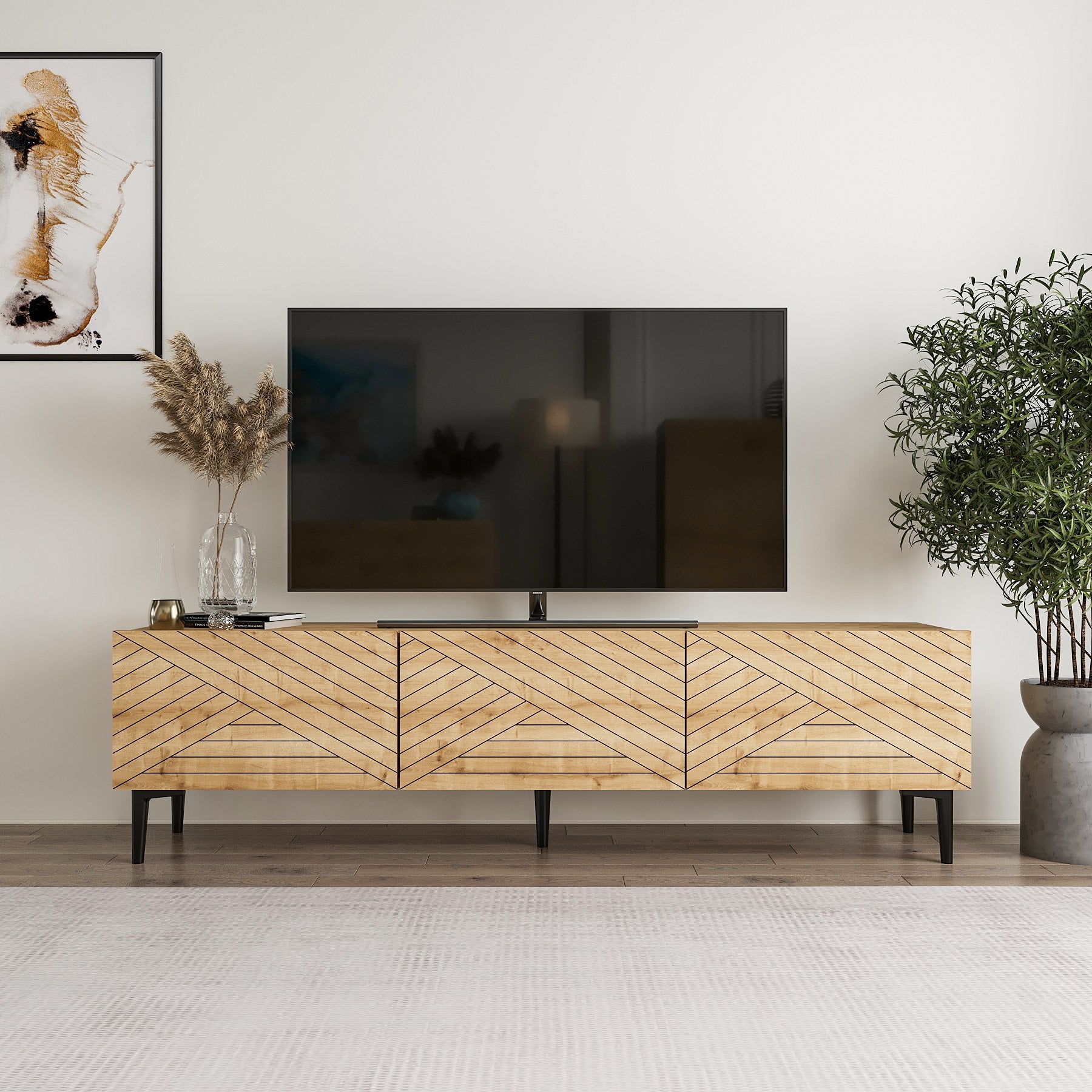Móvel de TV em painel de partículas revestido a melamina – 160 cm – Carvalho Safira