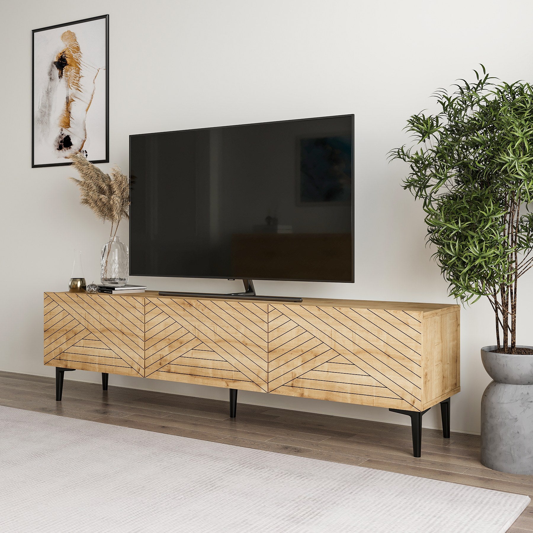 Móvel de TV em painel de partículas revestido a melamina – 160 cm – Carvalho Safira