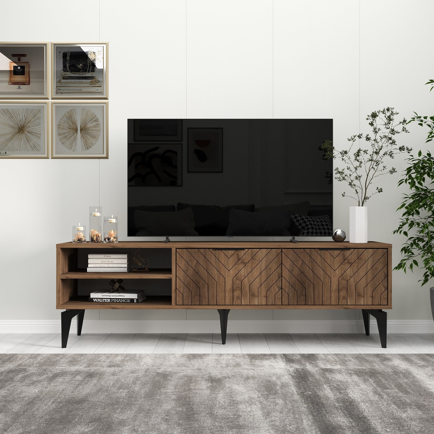 Móvel de TV – 160 cm – Nogueira – Painéis de partículas revestidos a melamina