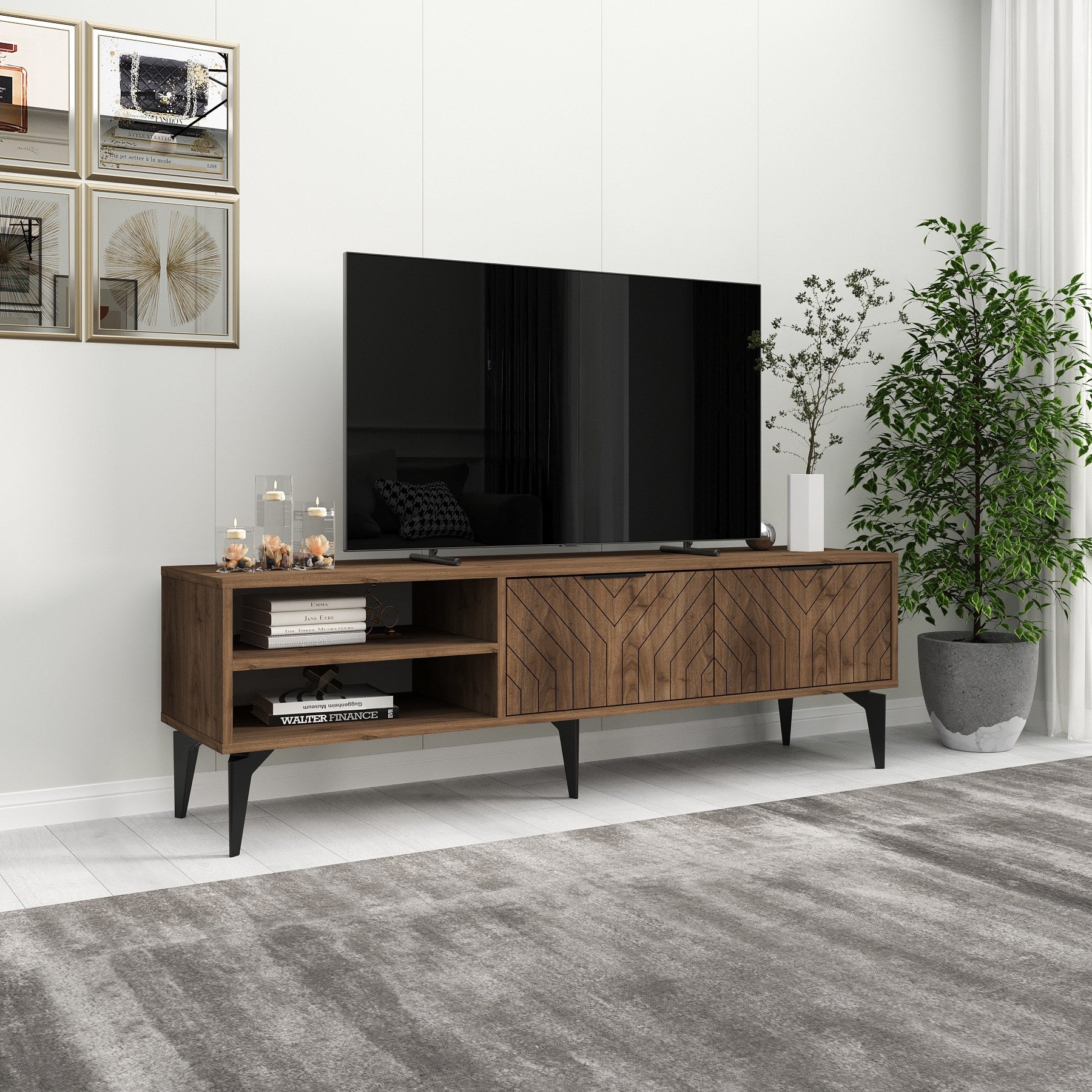 Móvel de TV – 160 cm – Nogueira – Painéis de partículas revestidos a melamina