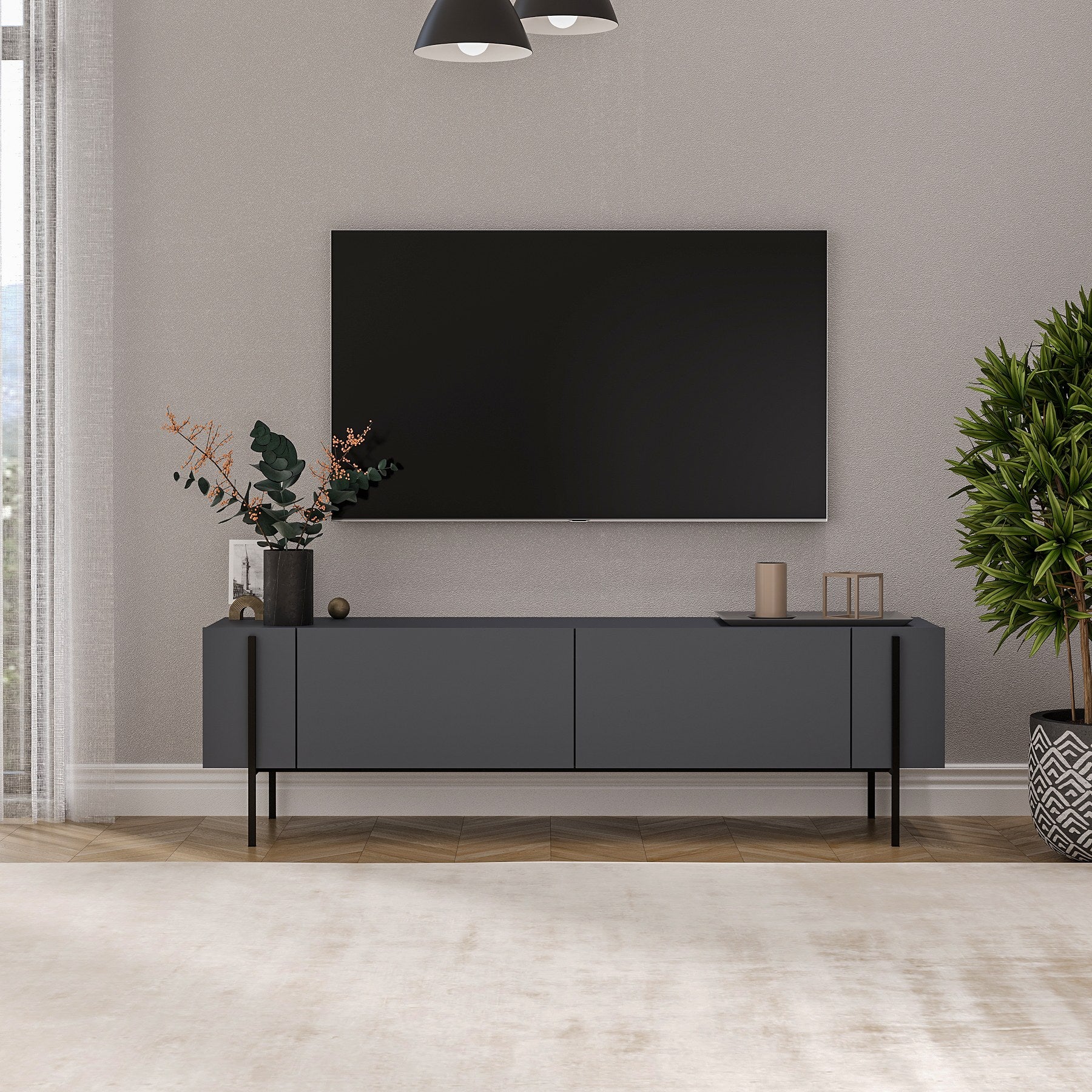 Móvel de TV – 160 cm x 45,6 cm x 31,4 cm – Cor Antracite – Painéis de partículas revestidos a melamina