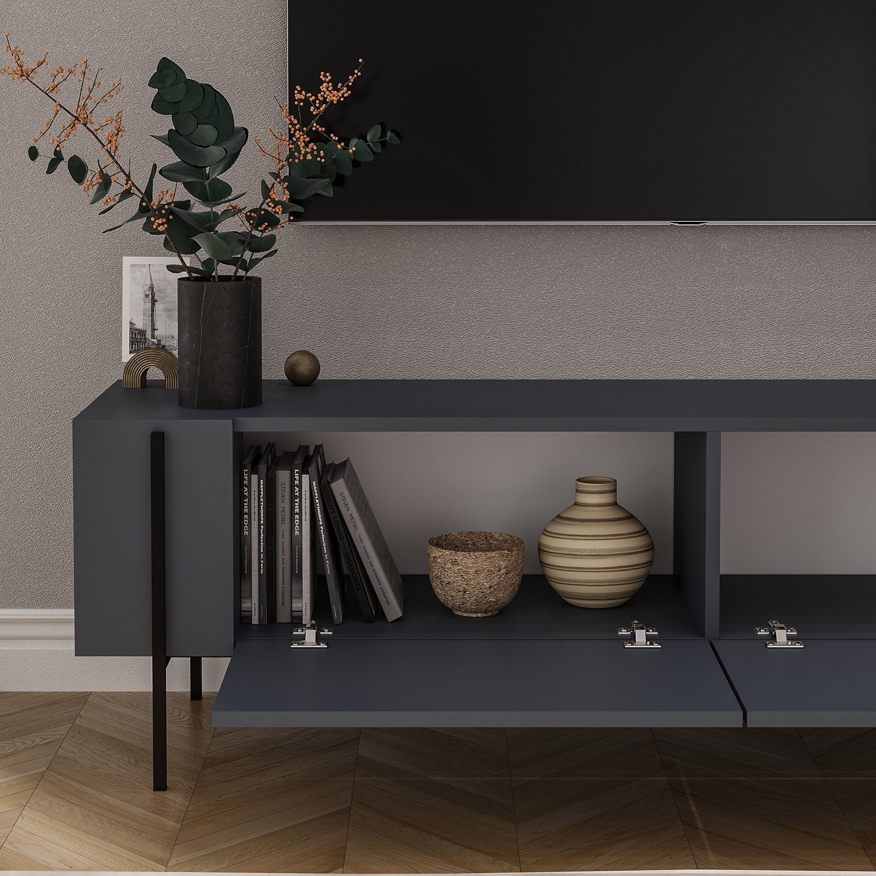 Móvel de TV – 160 cm x 45,6 cm x 31,4 cm – Cor Antracite – Painéis de partículas revestidos a melamina