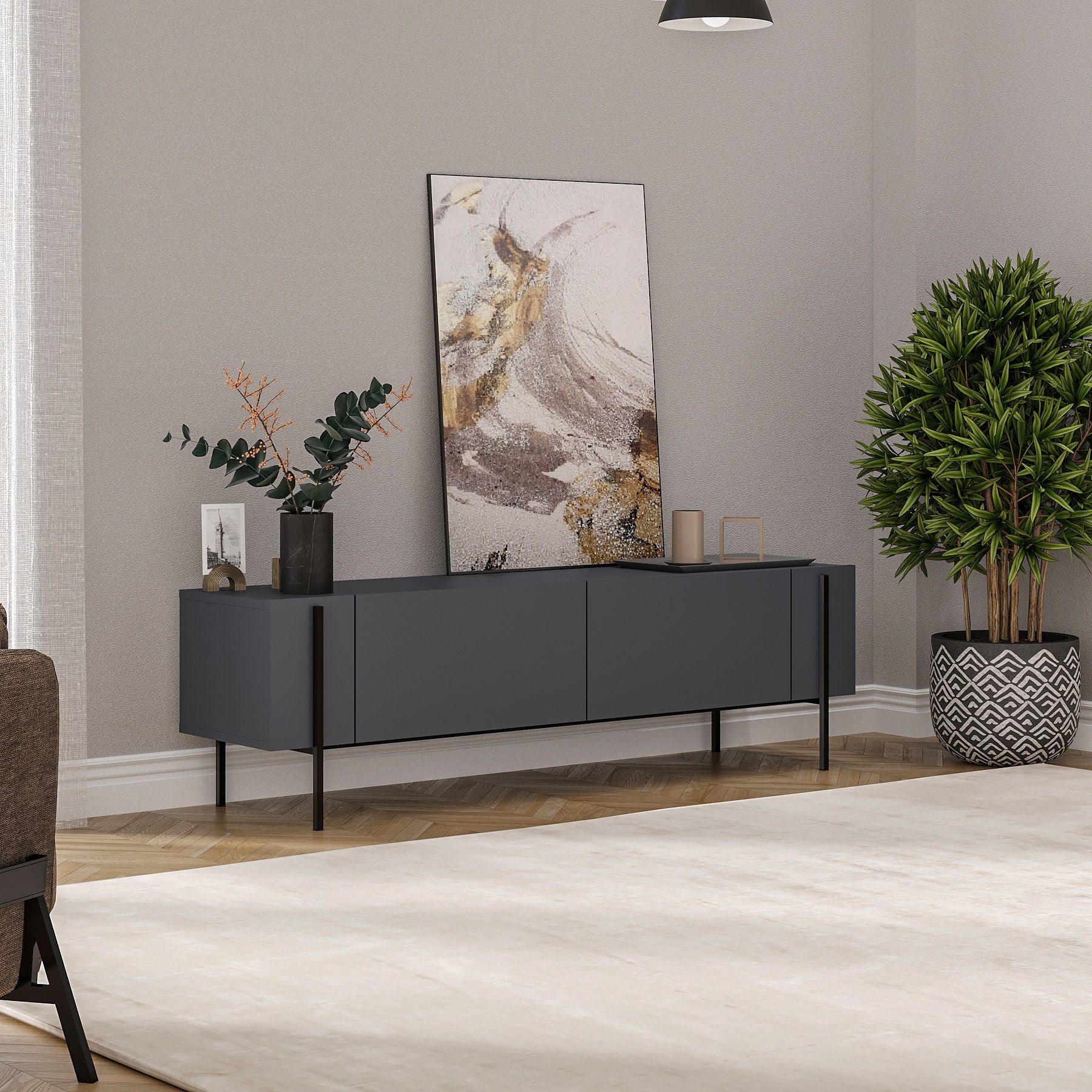 Móvel de TV – 160 cm x 45,6 cm x 31,4 cm – Cor Antracite – Painéis de partículas revestidos a melamina