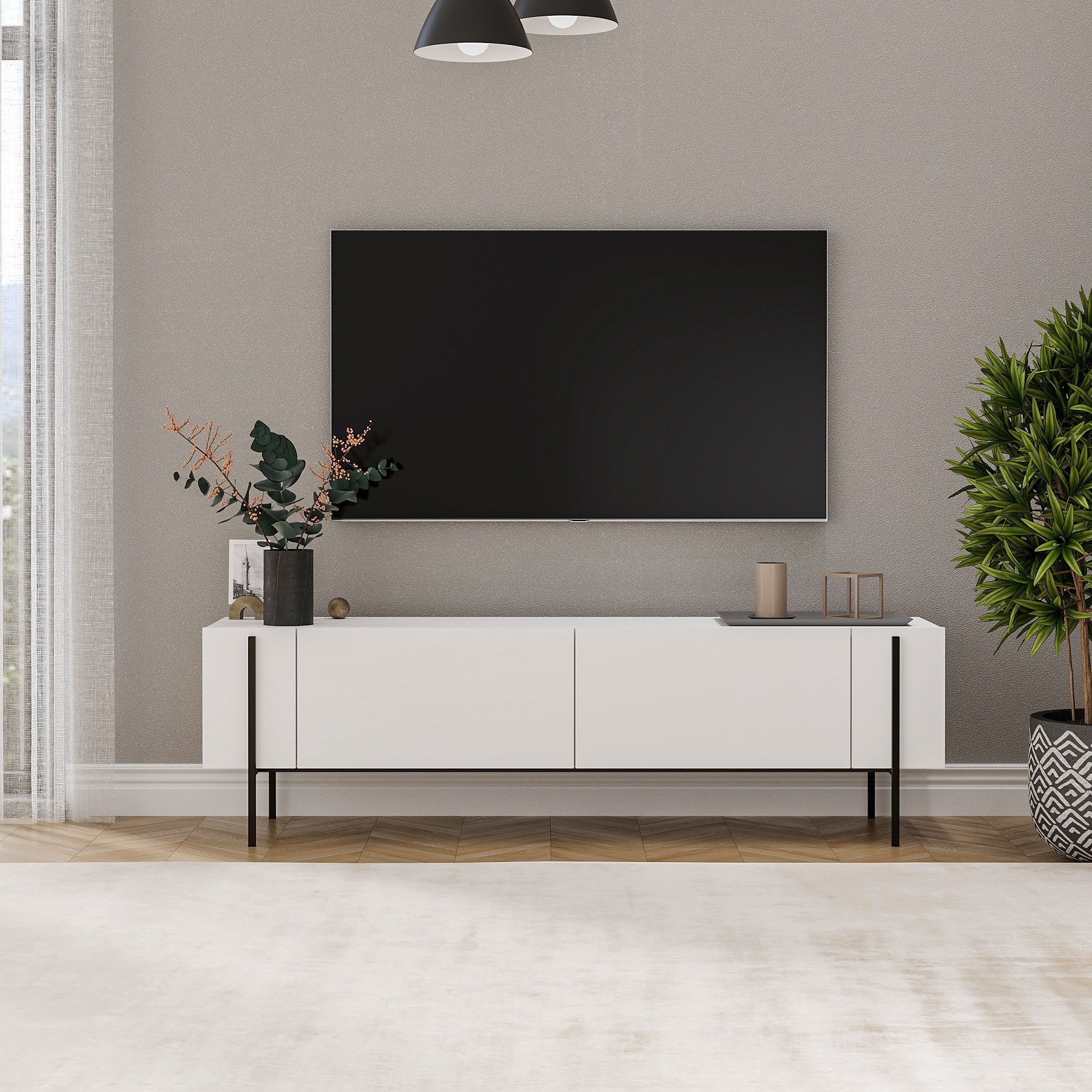 Móvel de TV – 160 cm x 45.6 cm x 31.4 cm – Branco – Painéis de partículas revestidos a melamina