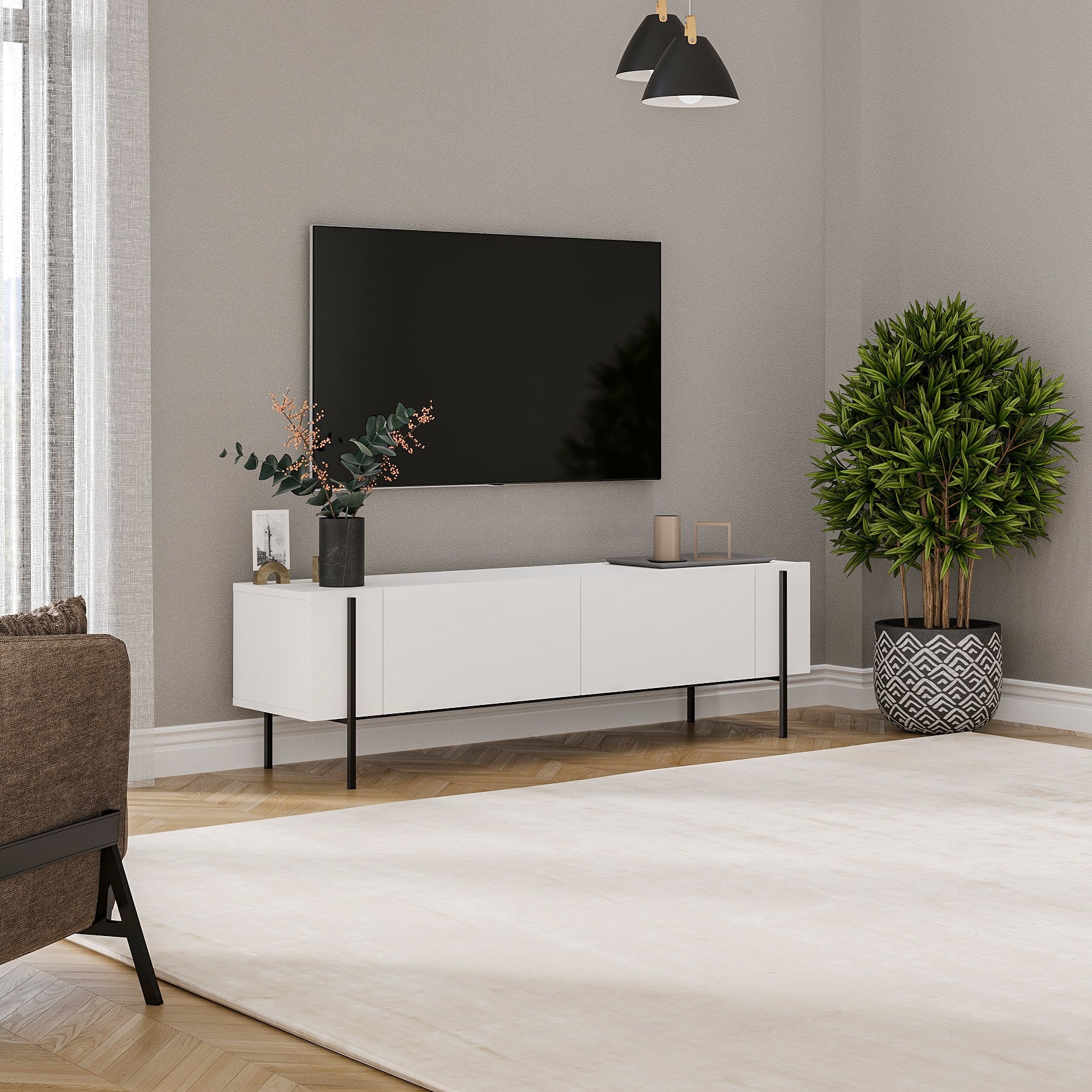 Móvel de TV – 160 cm x 45.6 cm x 31.4 cm – Branco – Painéis de partículas revestidos a melamina