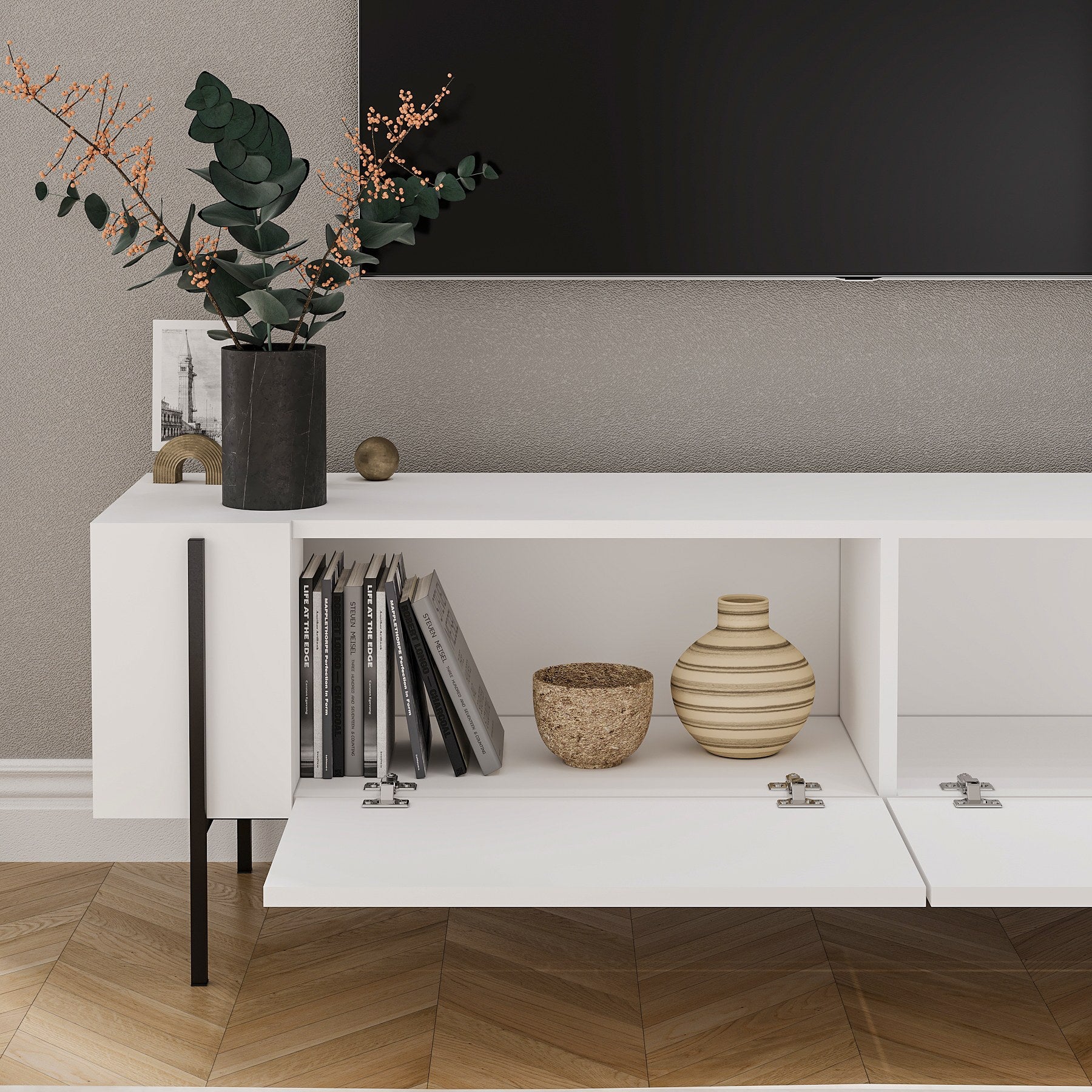 Móvel de TV – 160 cm x 45.6 cm x 31.4 cm – Branco – Painéis de partículas revestidos a melamina