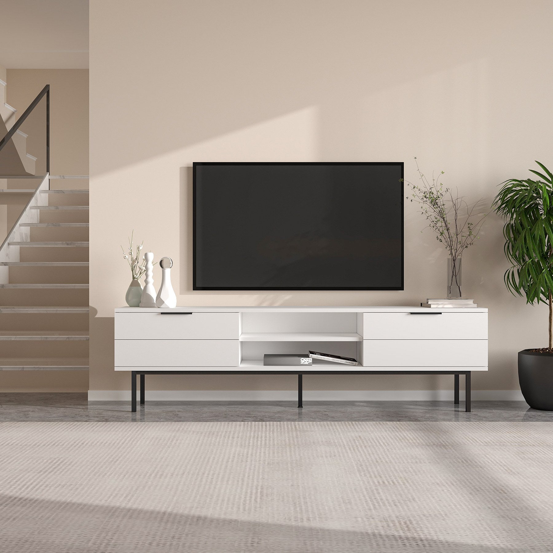Móvel de TV – 180 cm x 50 cm x 29.6 cm – Branco – Painel de partículas revestido a melamina