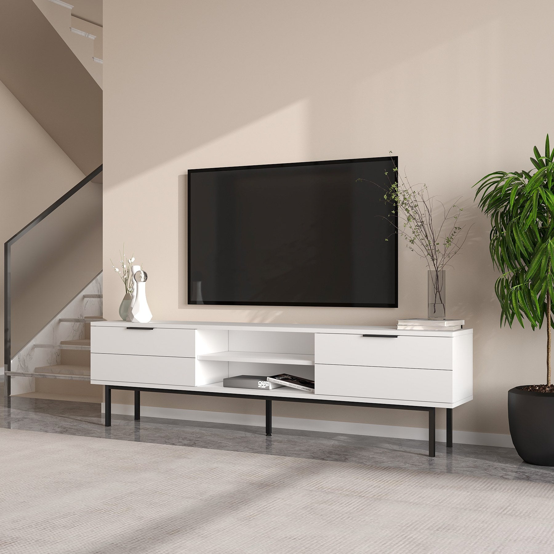 Móvel de TV – 180 cm x 50 cm x 29.6 cm – Branco – Painel de partículas revestido a melamina
