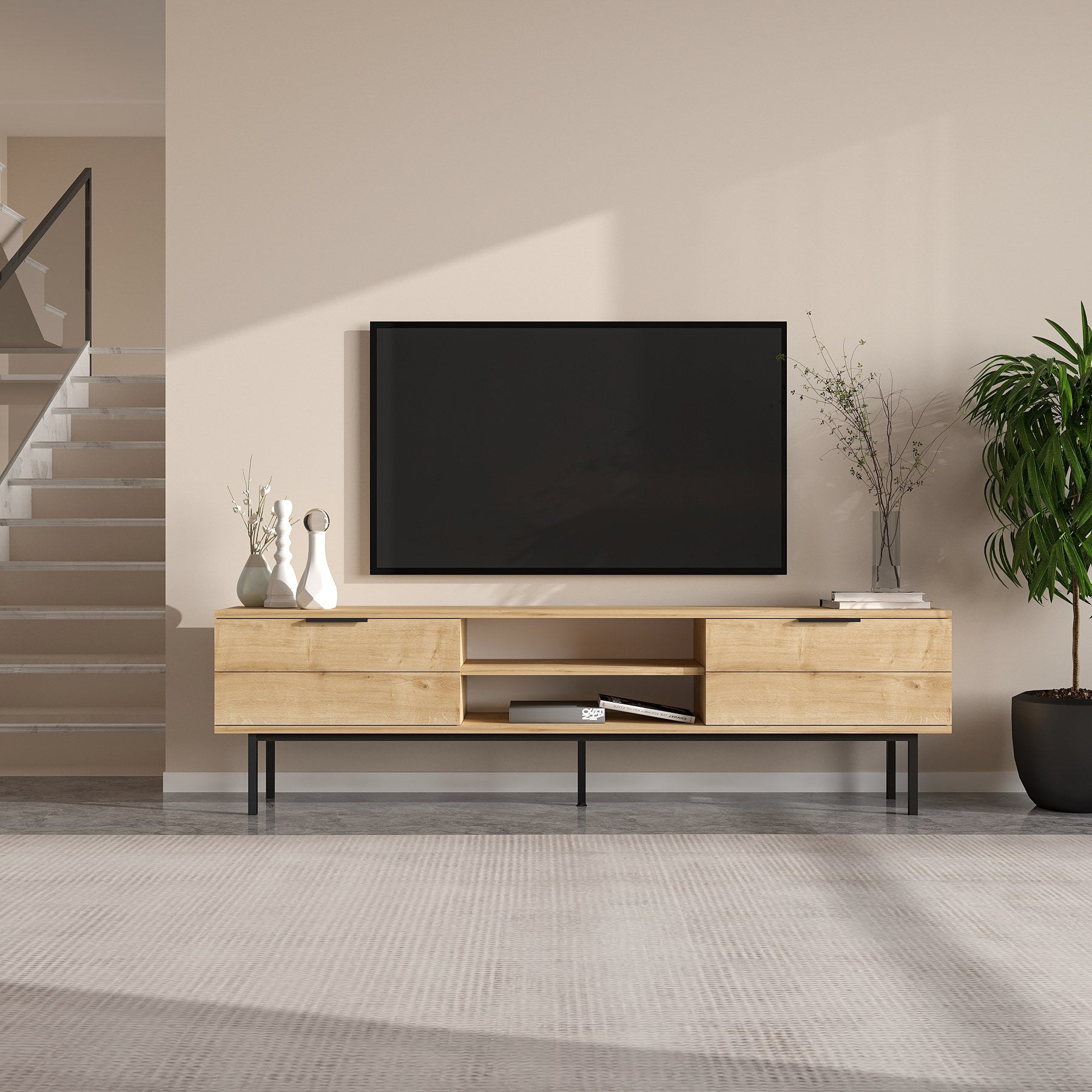 Móvel de TV – 180cm x 50cm x 29.6cm – Carvalho Safira – Painel de partículas revestido a melamina