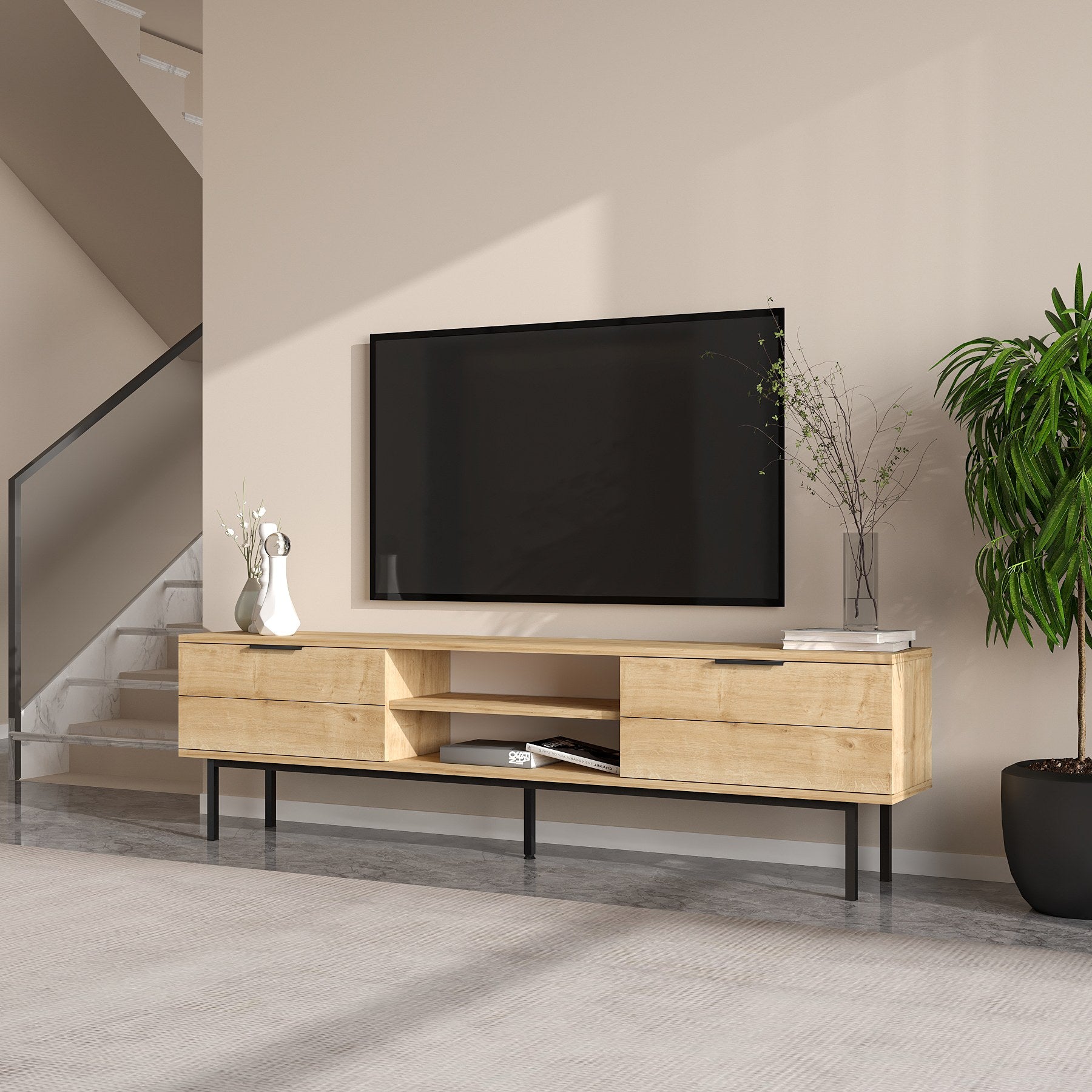 Móvel de TV – 180cm x 50cm x 29.6cm – Carvalho Safira – Painel de partículas revestido a melamina