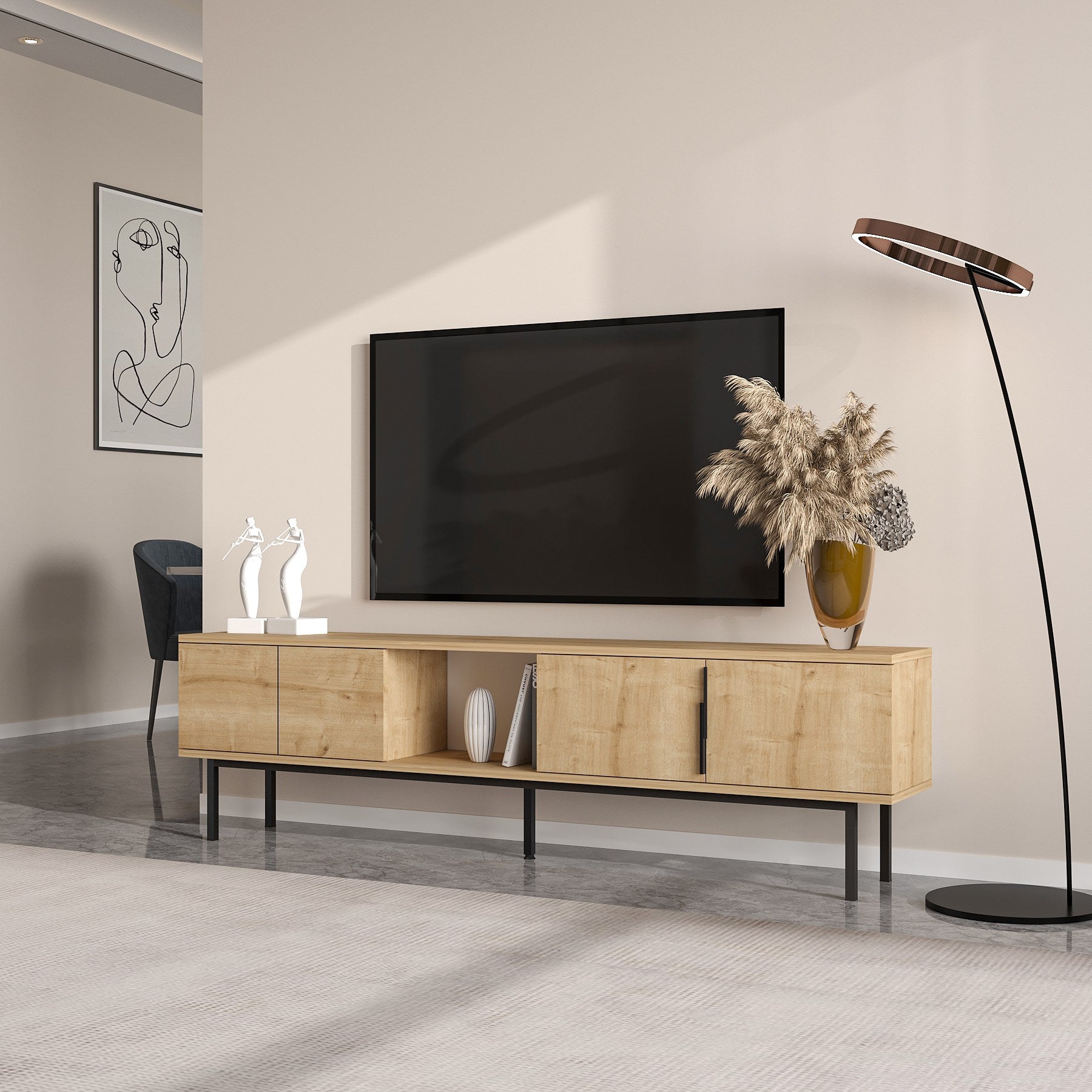Móvel de TV – 180 cm x 50 cm x 29.6 cm – Carvalho Safira – Painel de partículas revestido a melamina