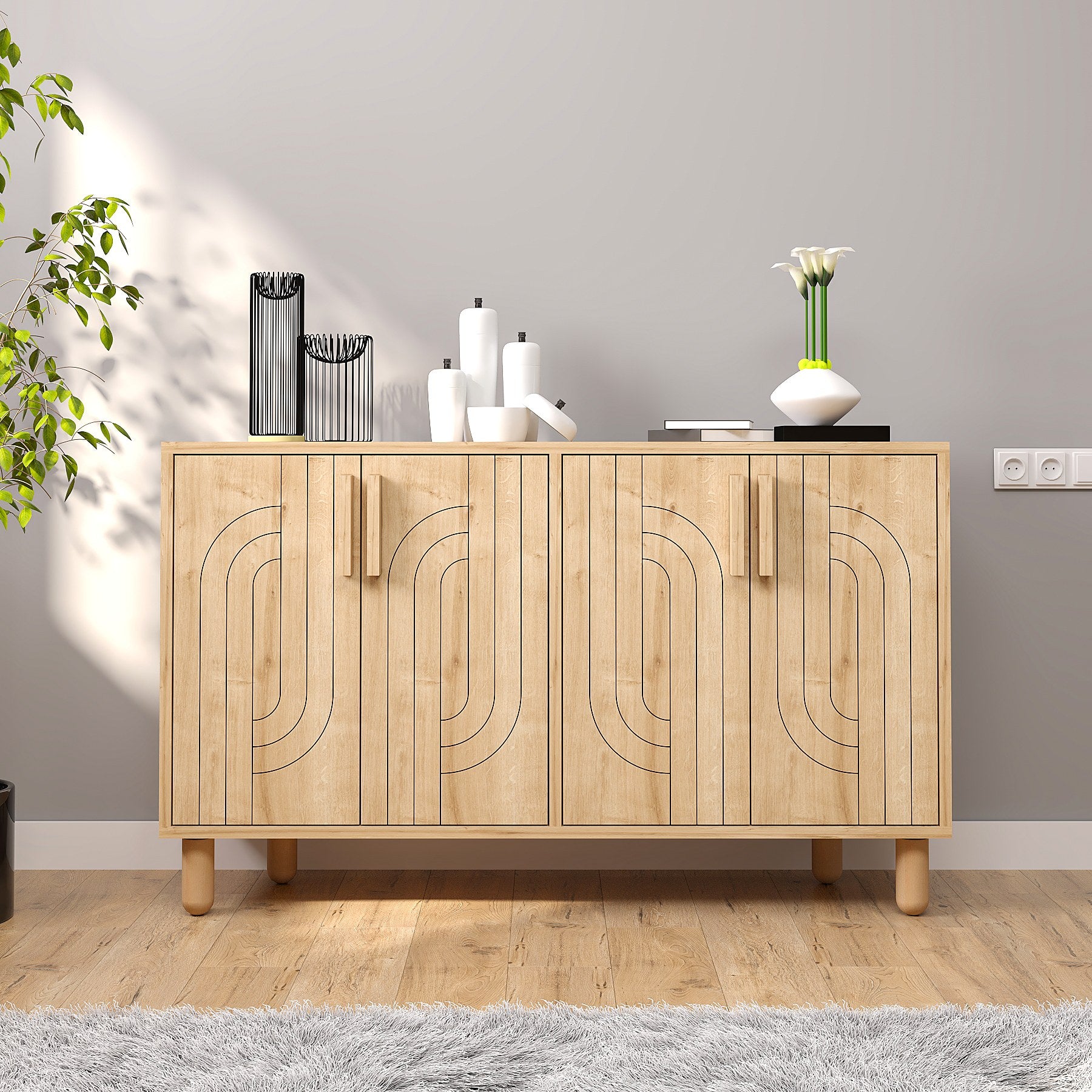 Aparador em painéis de partículas revestido a melamina – 120 cm x 73.6 cm x 29.6 cm – Carvalho Saphire
