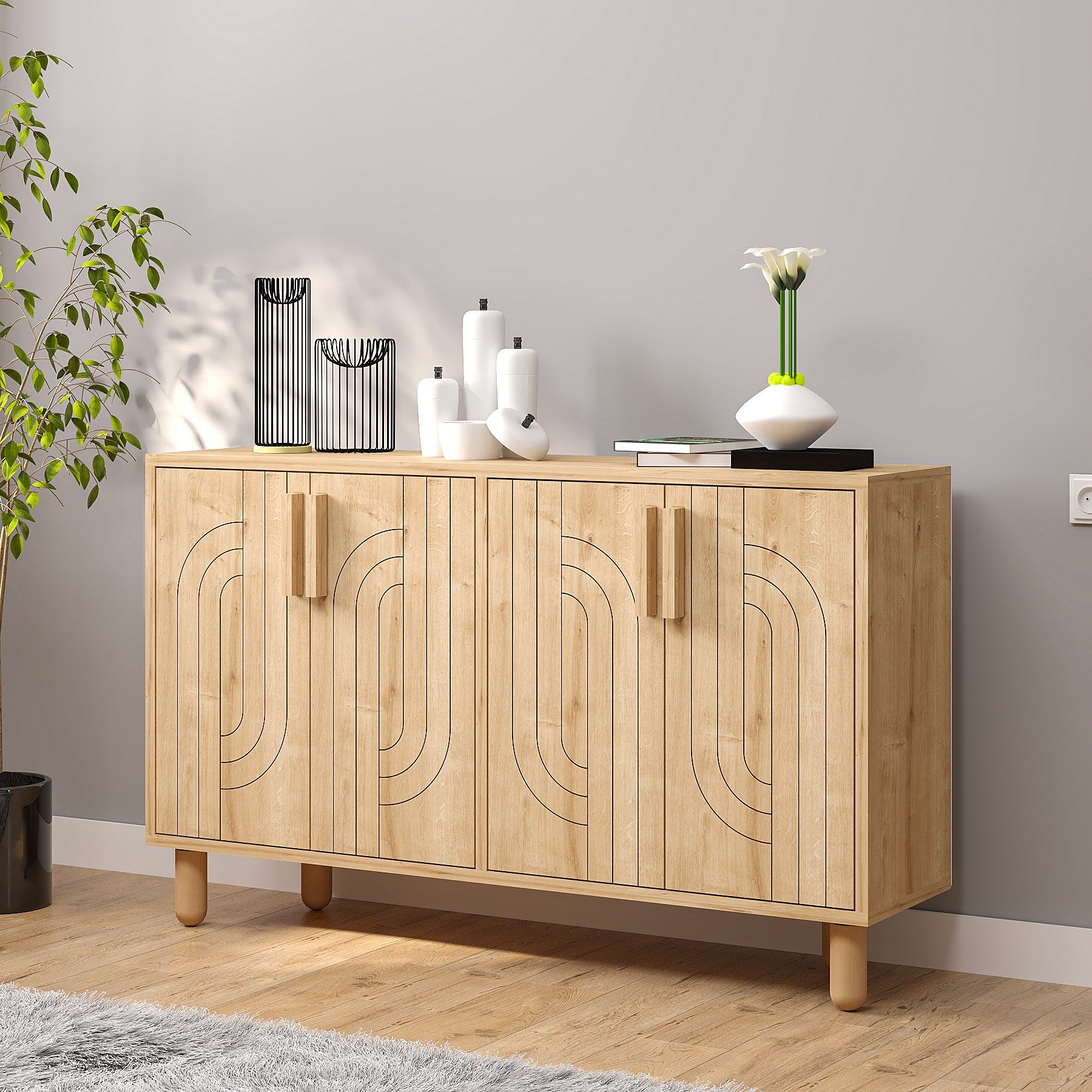 Aparador em painéis de partículas revestido a melamina – 120 cm x 73.6 cm x 29.6 cm – Carvalho Saphire