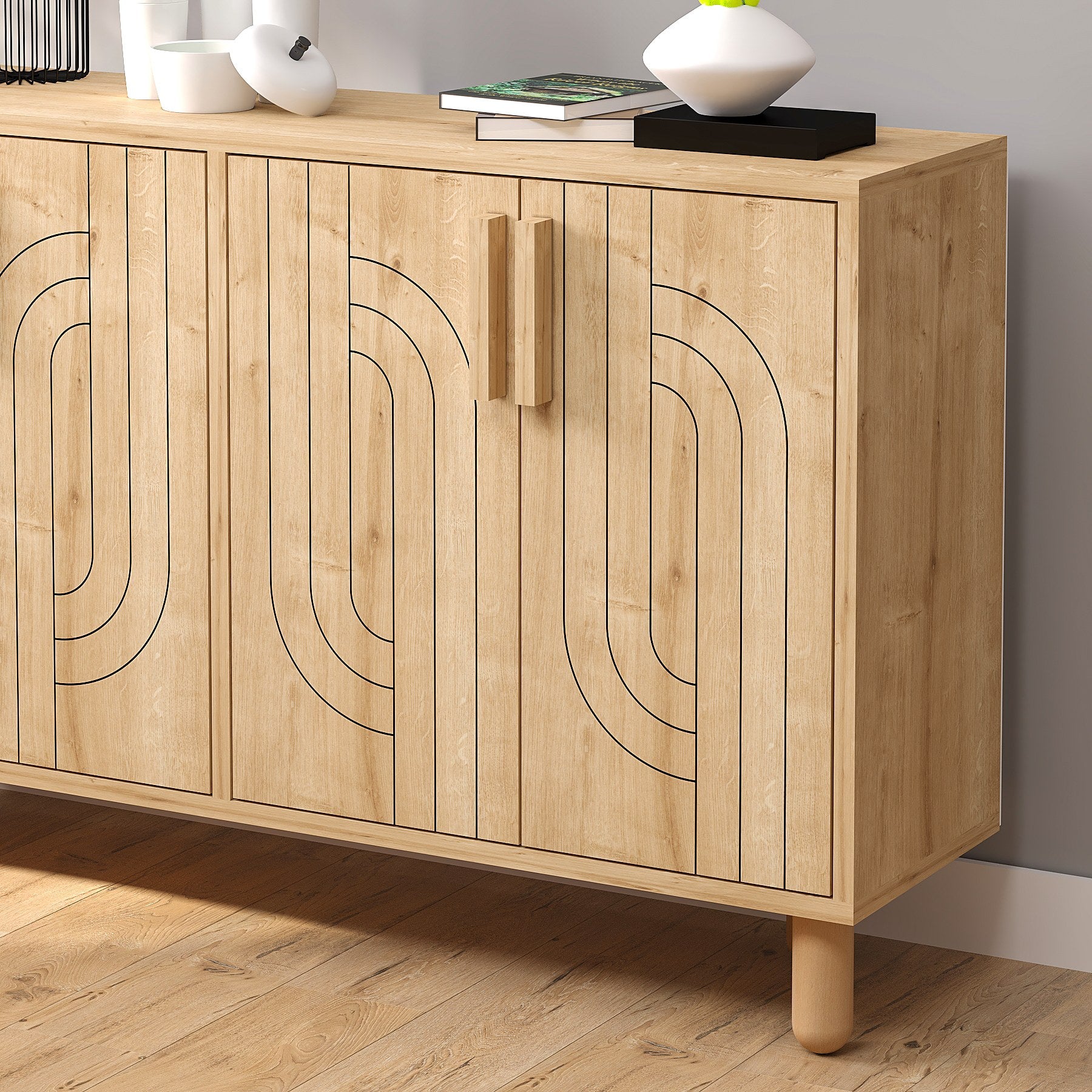 Aparador em painéis de partículas revestido a melamina – 120 cm x 73.6 cm x 29.6 cm – Carvalho Saphire