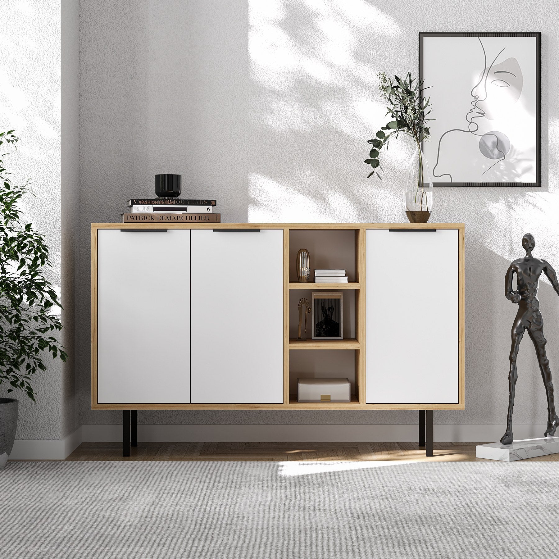 Aparador – 120cm x 75cm x 29.6cm – Carvalho Safira e Branco – Melamina