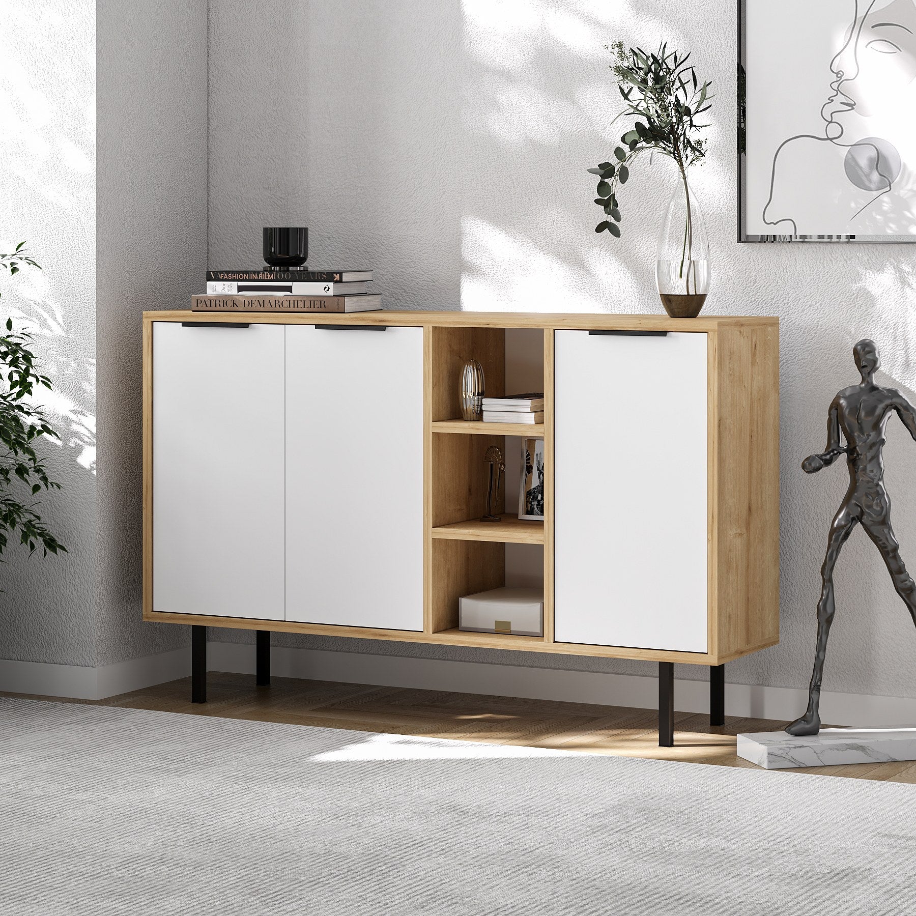Aparador – 120cm x 75cm x 29.6cm – Carvalho Safira e Branco – Melamina