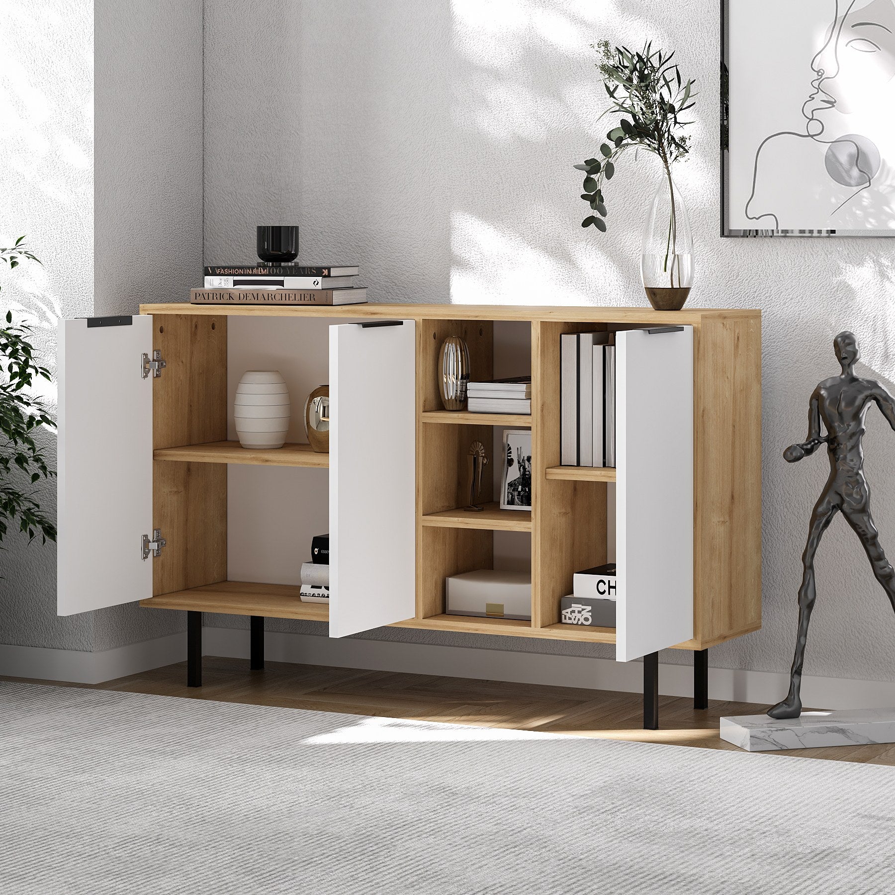 Aparador – 120cm x 75cm x 29.6cm – Carvalho Safira e Branco – Melamina