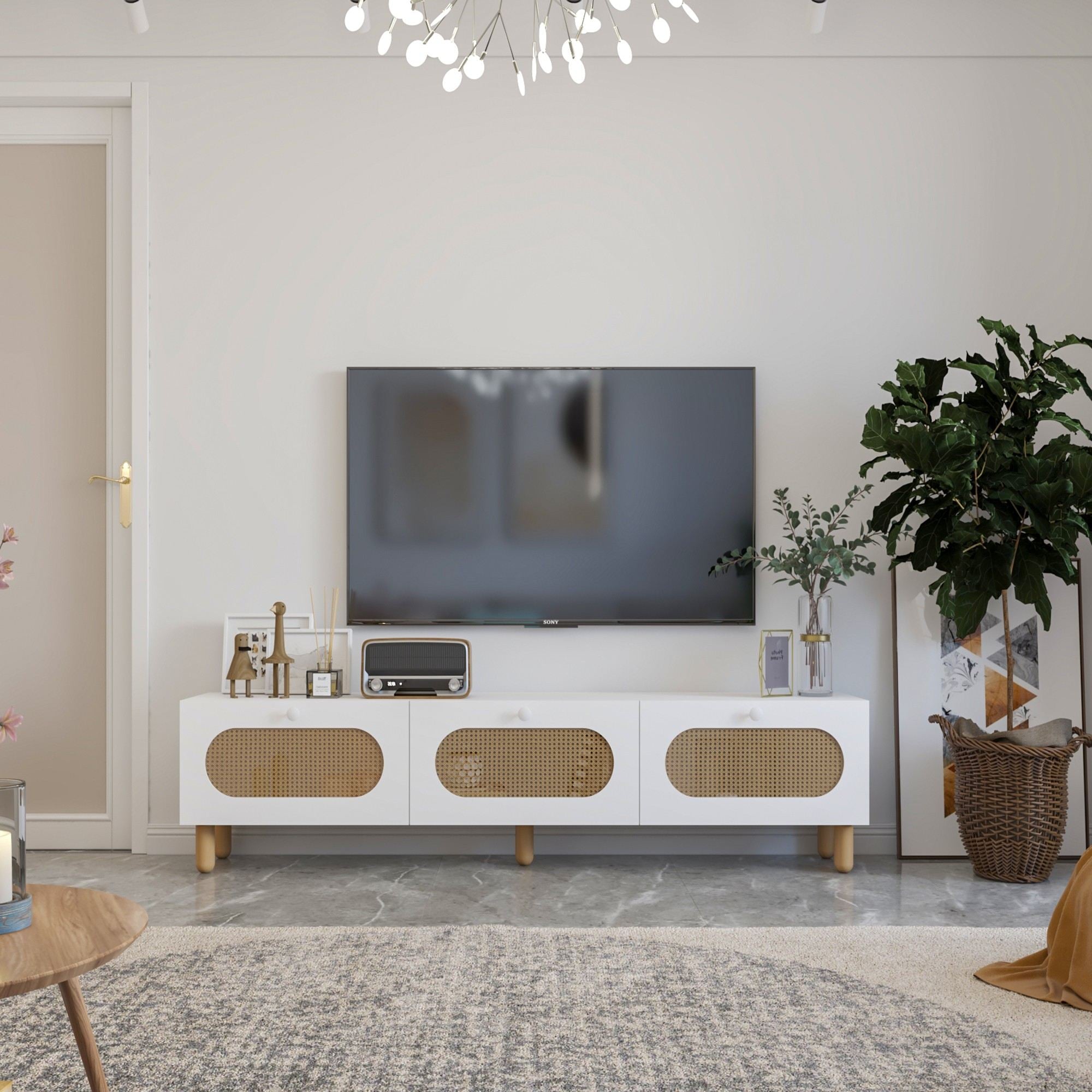 Móvel de TV – 180 cm – Branco e Rattan – MDF