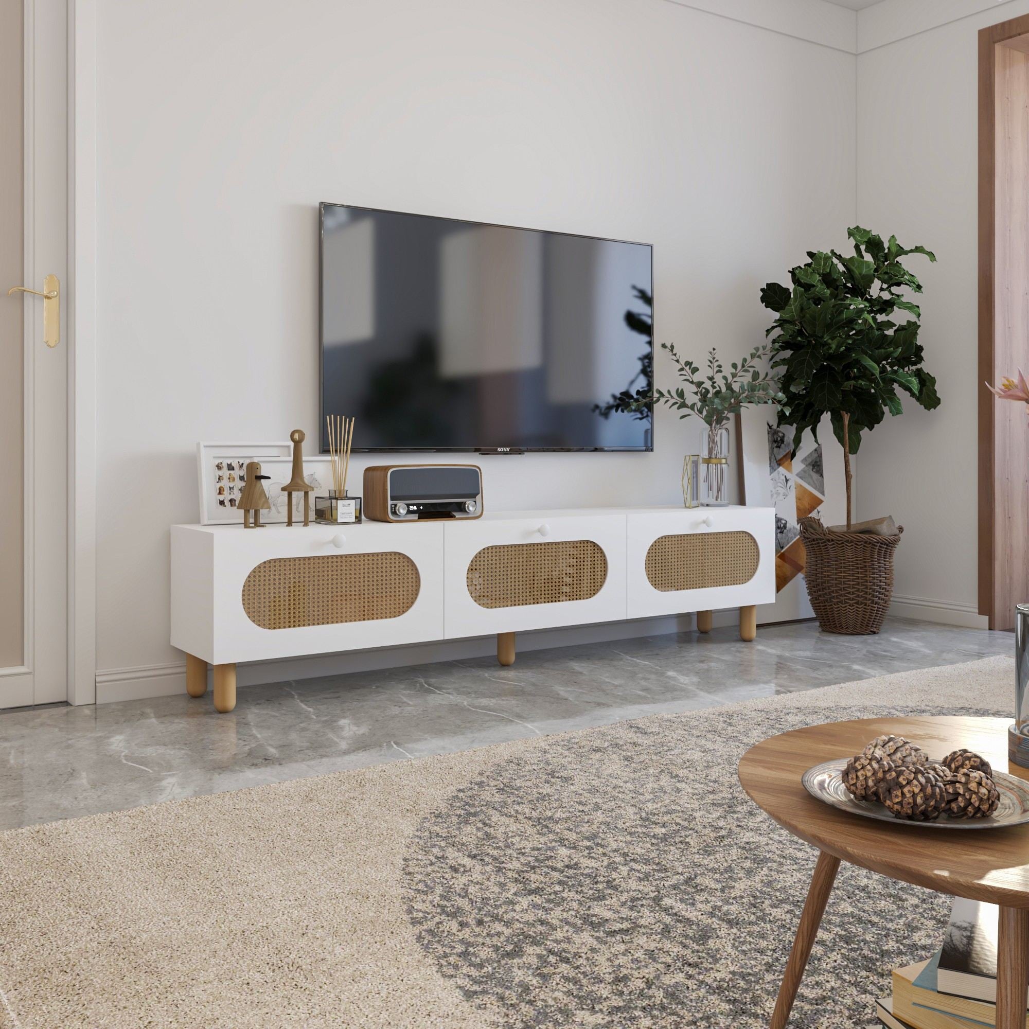 Móvel de TV – 180 cm – Branco e Rattan – MDF