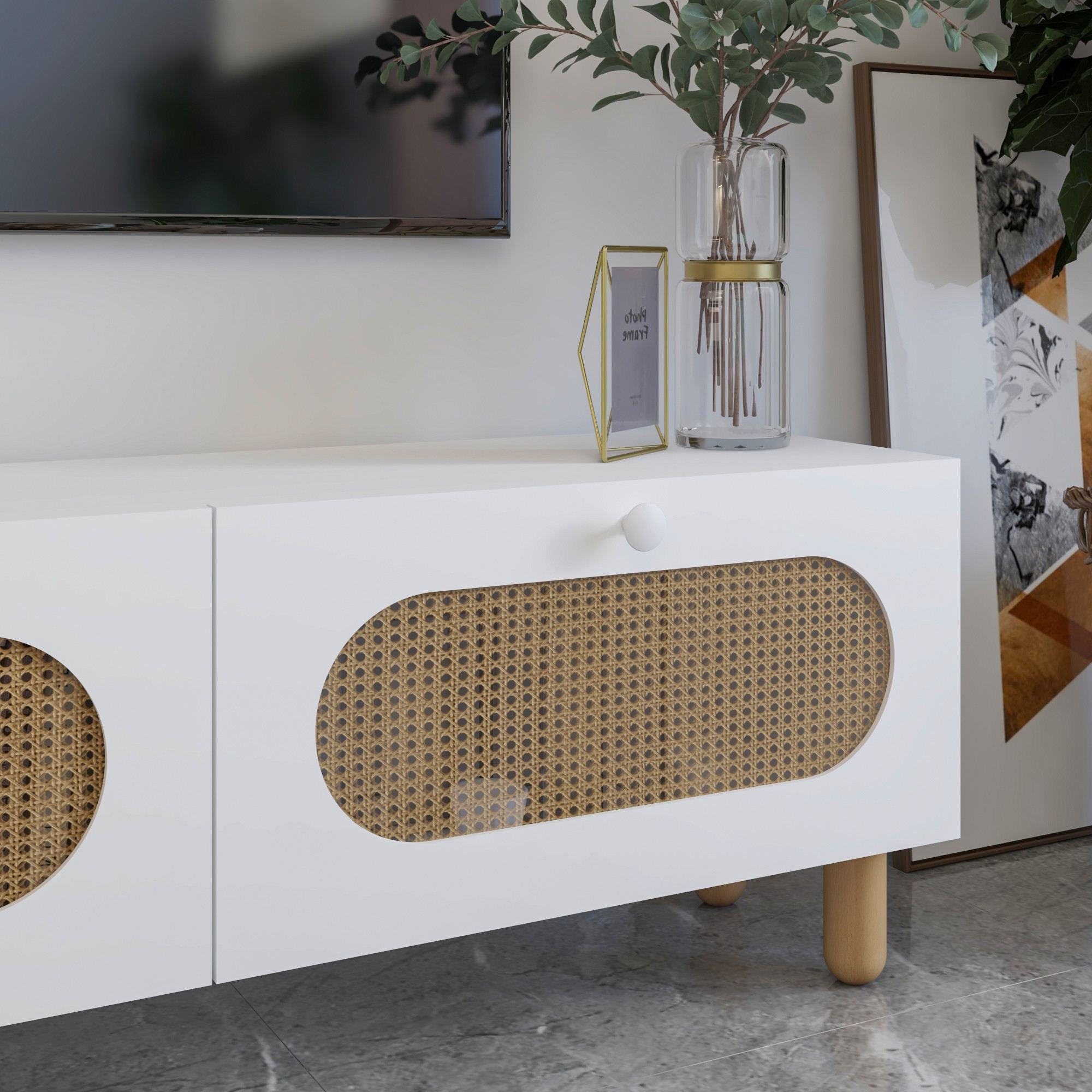 Móvel de TV – 180 cm – Branco e Rattan – MDF
