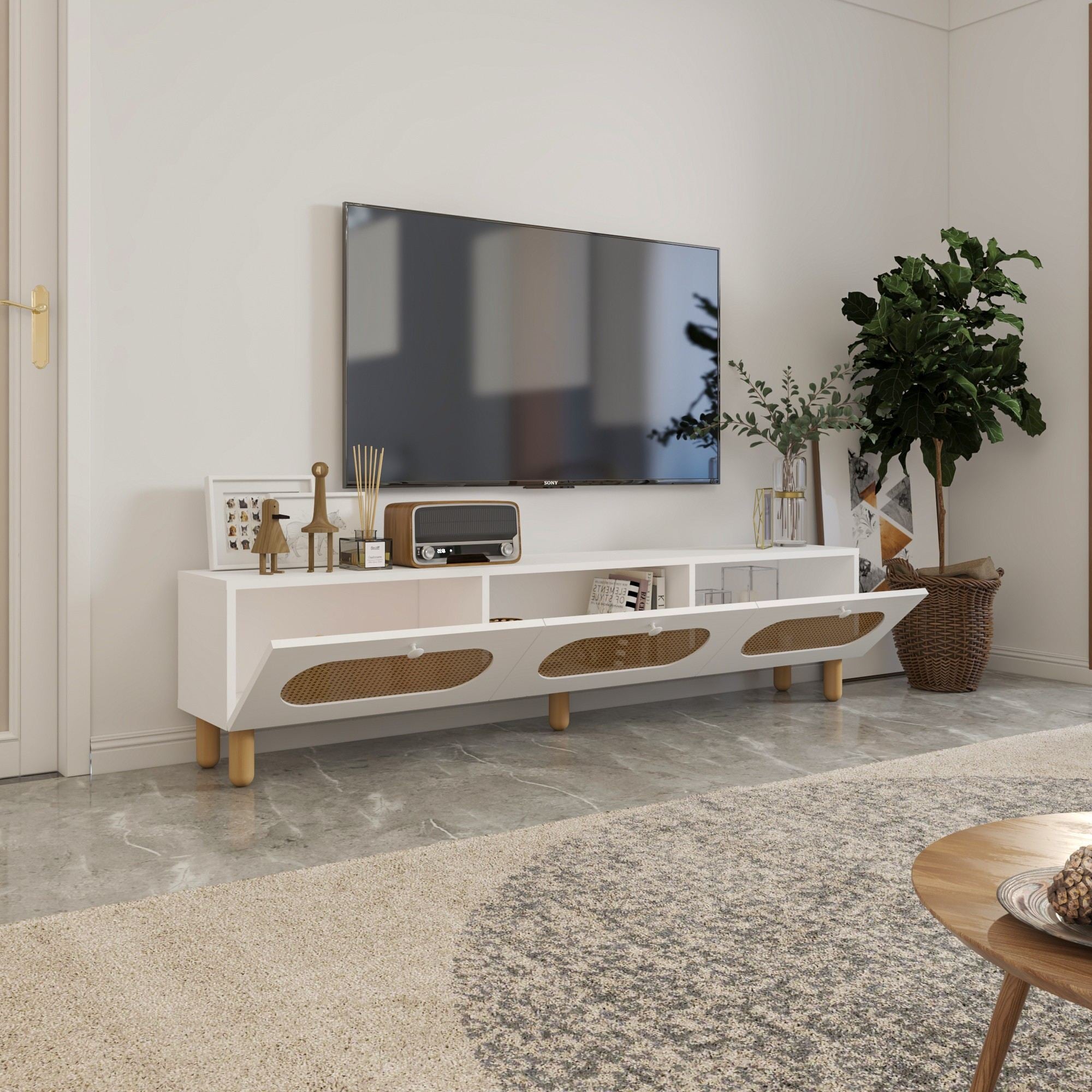Móvel de TV – 180 cm – Branco e Rattan – MDF