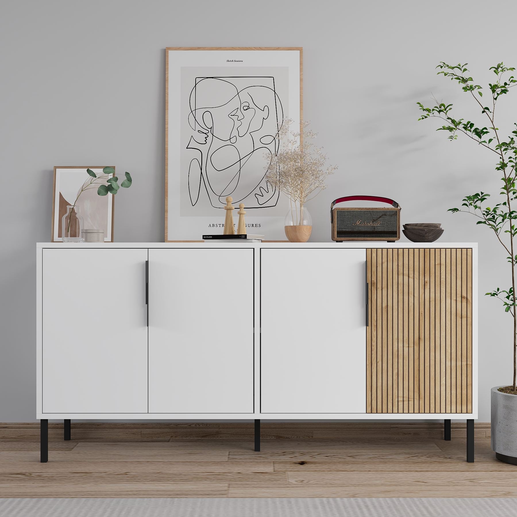 Aparador – 150 cm x 75 cm x 36 cm – Branco e Carvalho Safira – Aglomerado e Metal