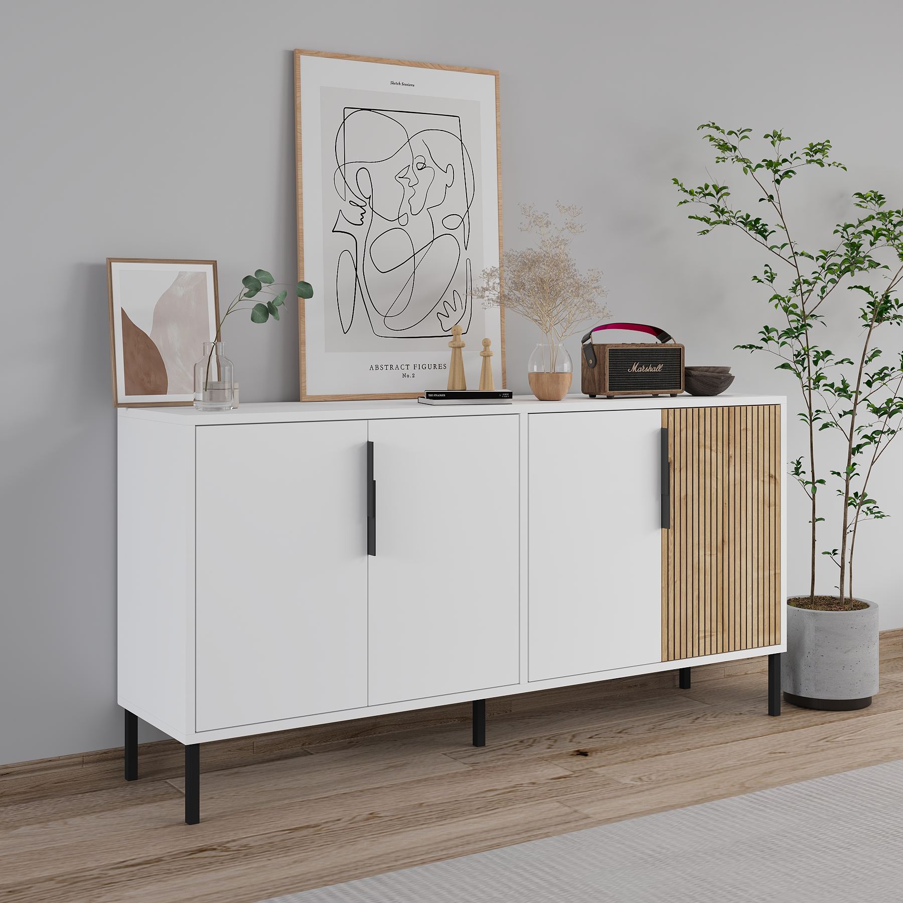 Aparador – 150 cm x 75 cm x 36 cm – Branco e Carvalho Safira – Aglomerado e Metal