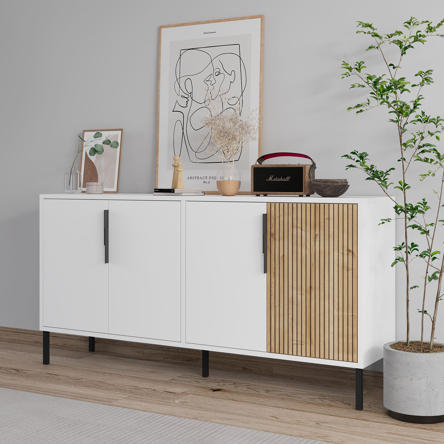 Aparador – 150 cm x 75 cm x 36 cm – Branco e Carvalho Safira – Aglomerado e Metal