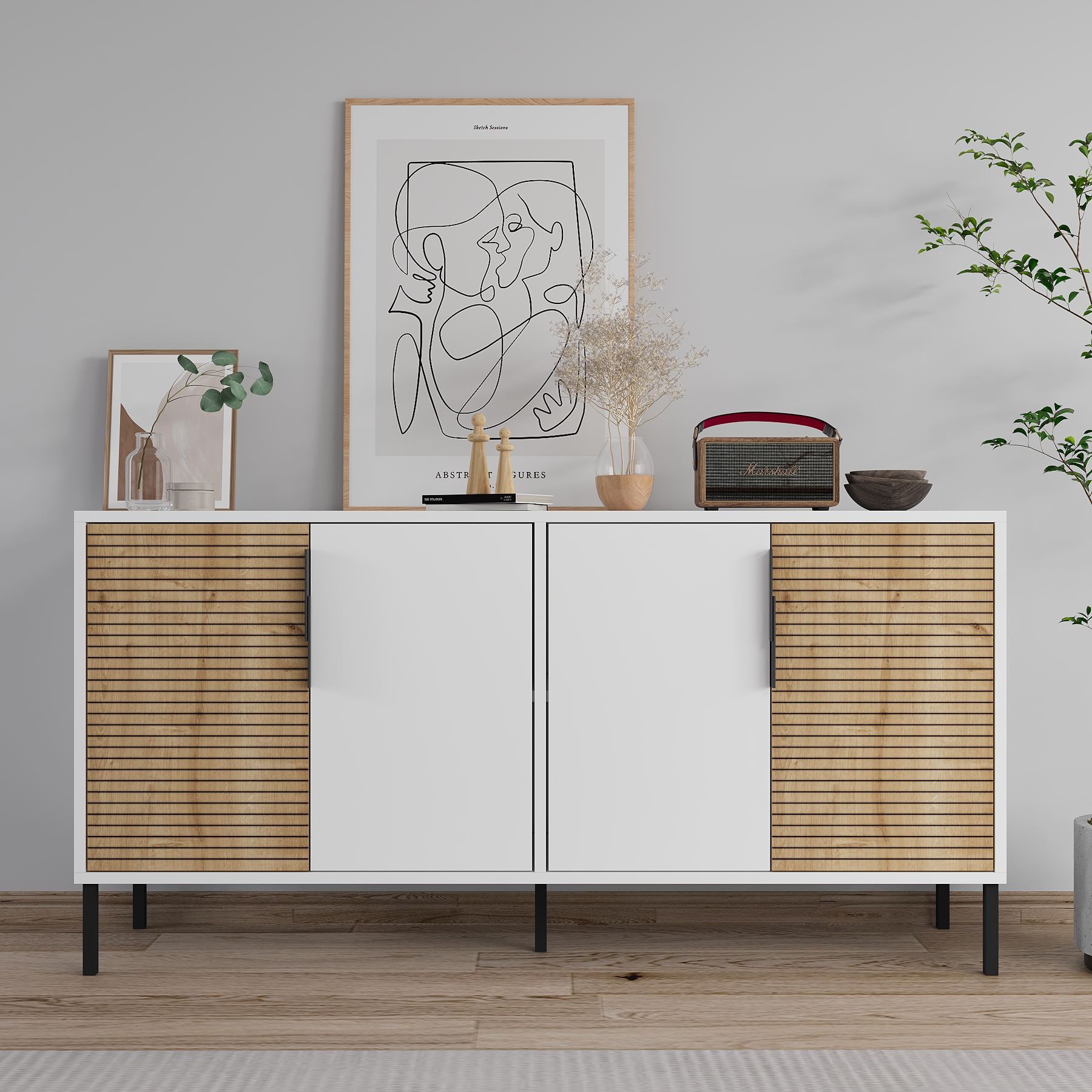 Aparador – 150 cm x 75 cm x 36 cm – Branco e Carvalho Safira – Aglomerado revestido de melamina