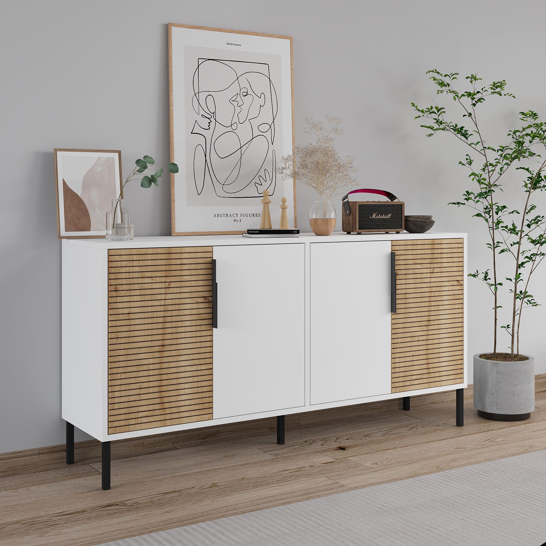 Aparador – 150 cm x 75 cm x 36 cm – Branco e Carvalho Safira – Aglomerado revestido de melamina