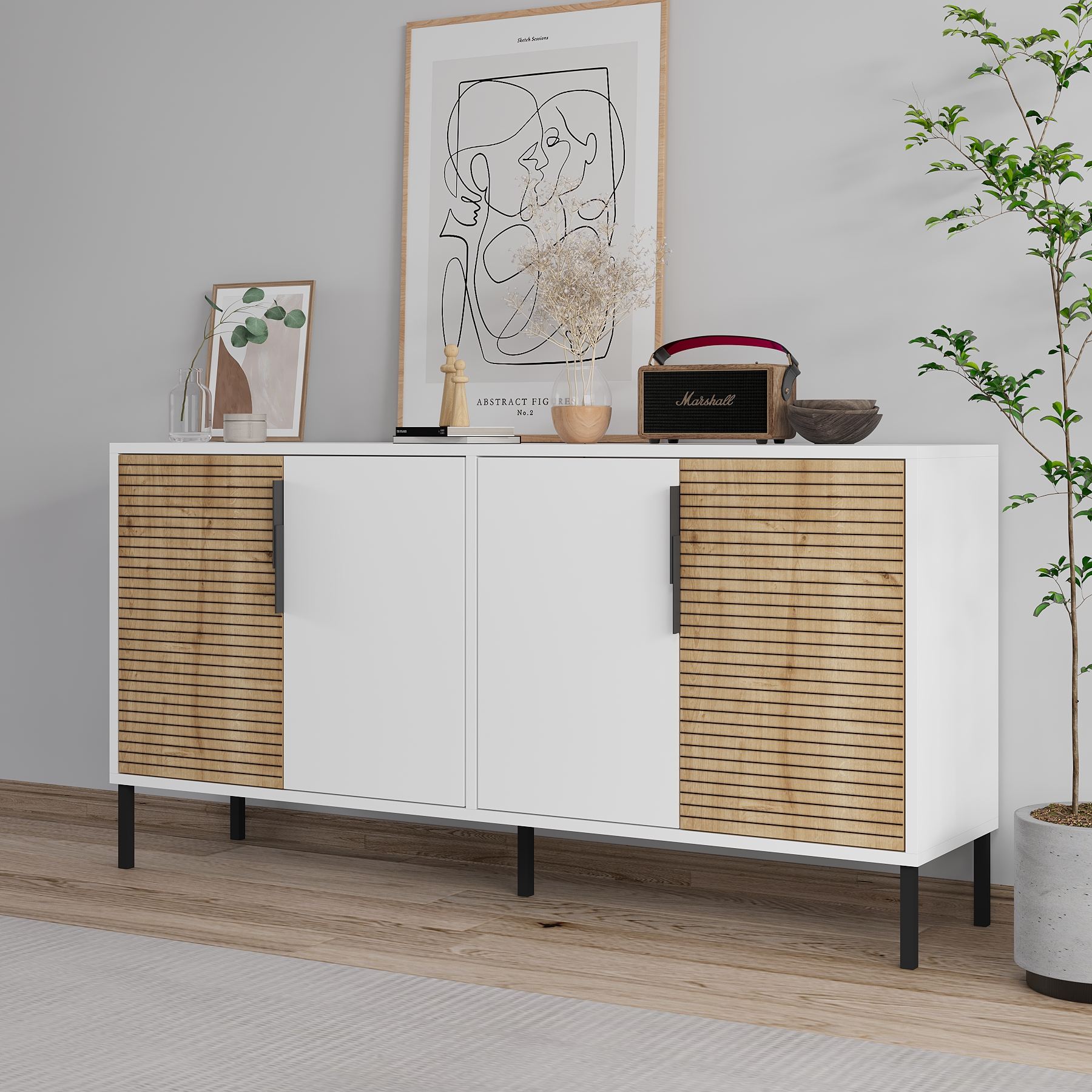 Aparador – 150 cm x 75 cm x 36 cm – Branco e Carvalho Safira – Aglomerado revestido de melamina