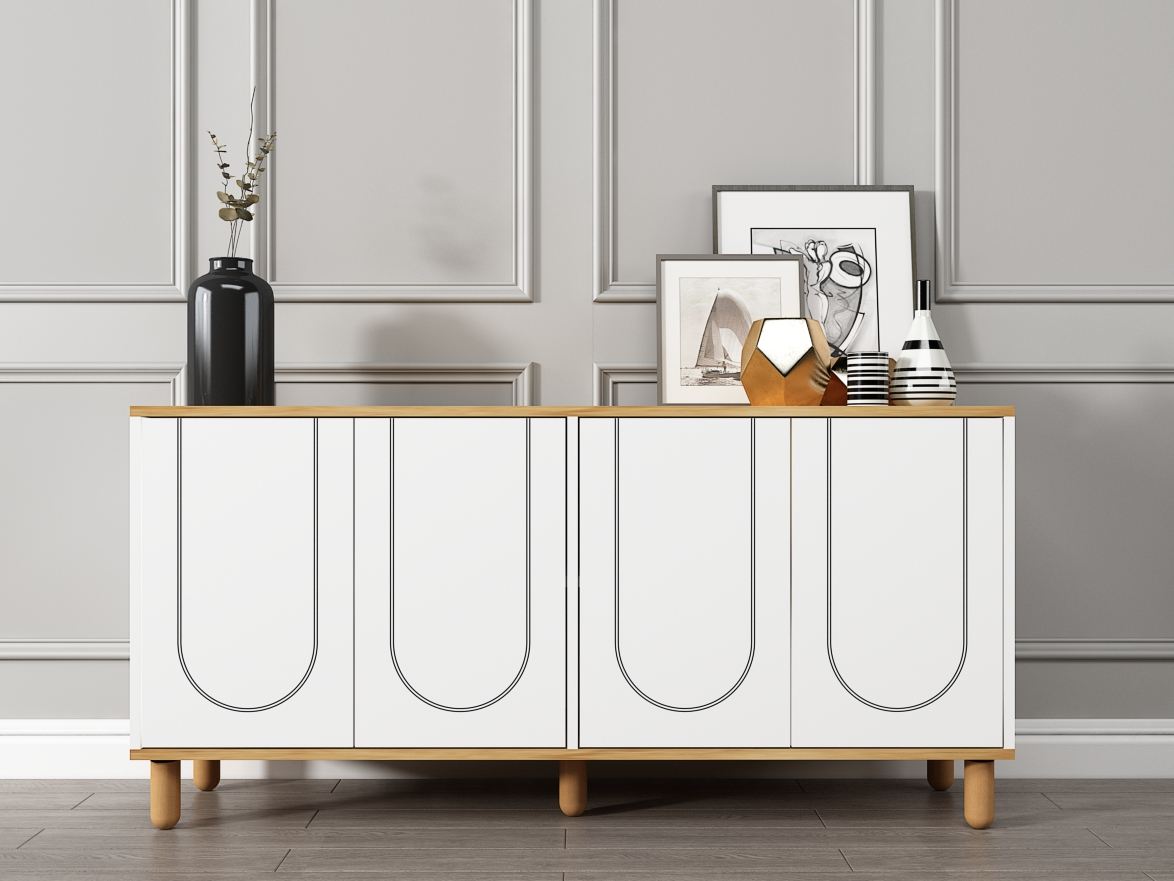 Aparador em aglomerado revestido de melamina – 150 cm x 73 cm x 36 cm – Carvalho Safira e Branco
