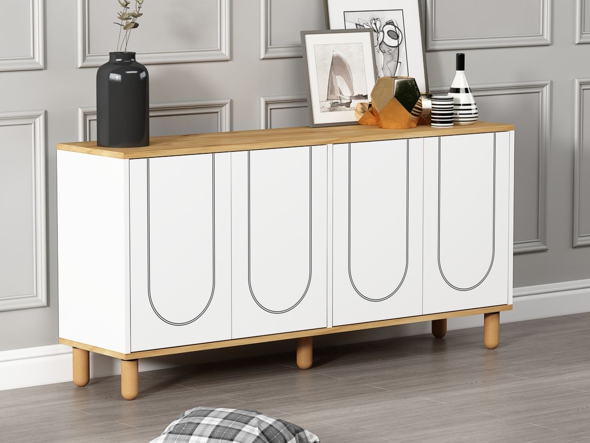 Aparador em aglomerado revestido de melamina – 150 cm x 73 cm x 36 cm – Carvalho Safira e Branco
