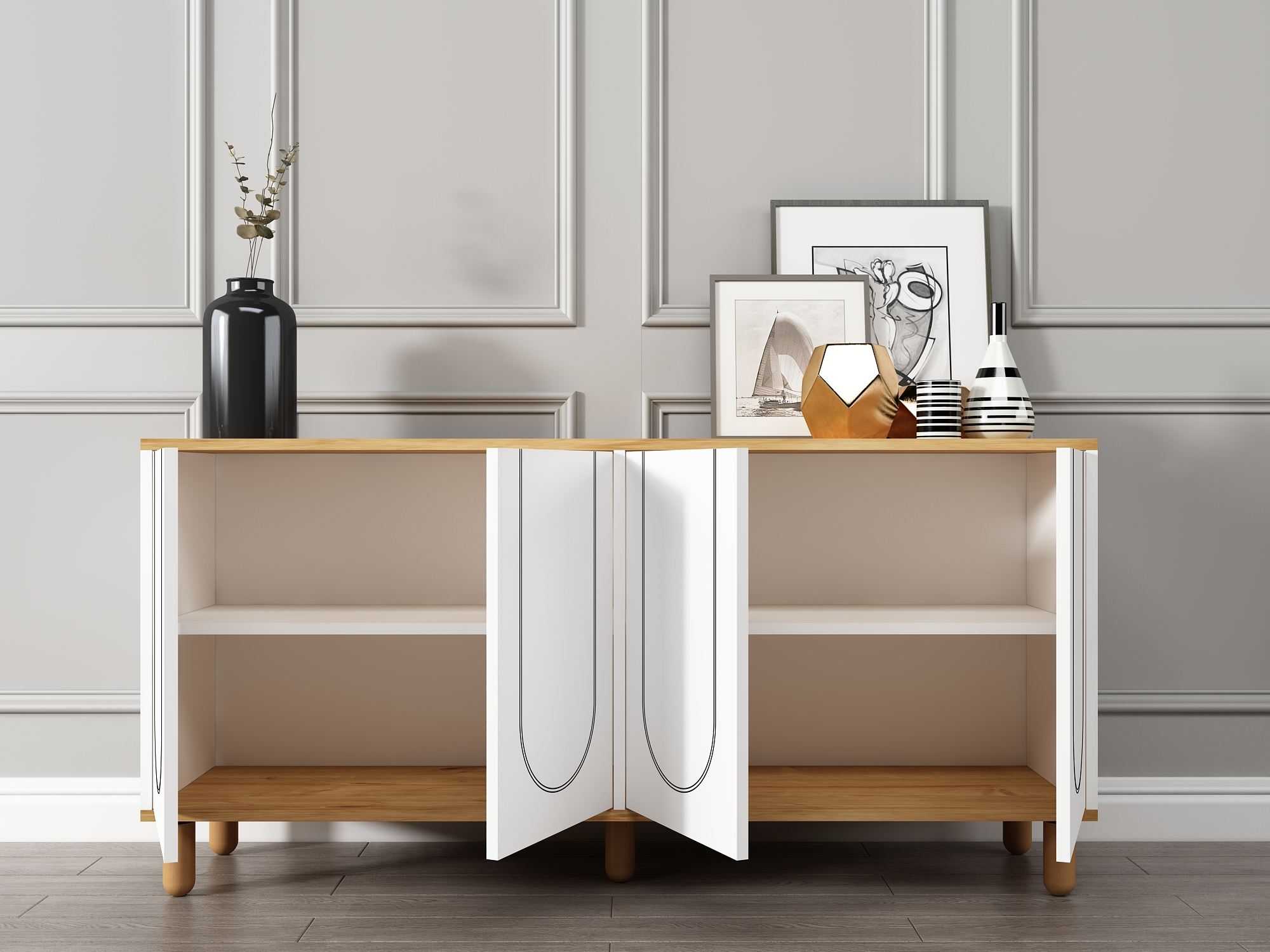 Aparador em aglomerado revestido de melamina – 150 cm x 73 cm x 36 cm – Carvalho Safira e Branco