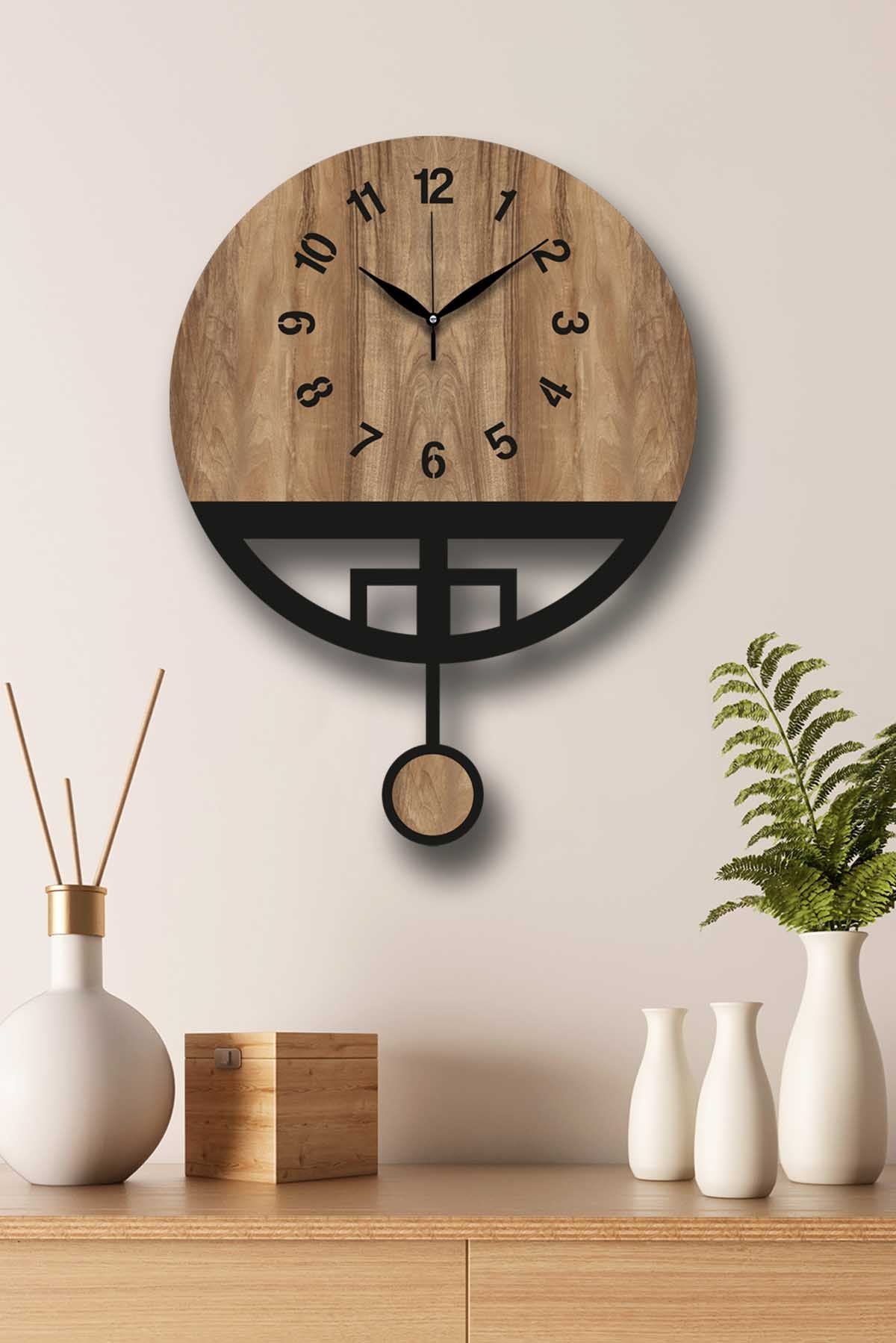 Relógio de Parede Decorativo em MDF Vlnt108Mo — Nogueira/Preto, Ø39 cm