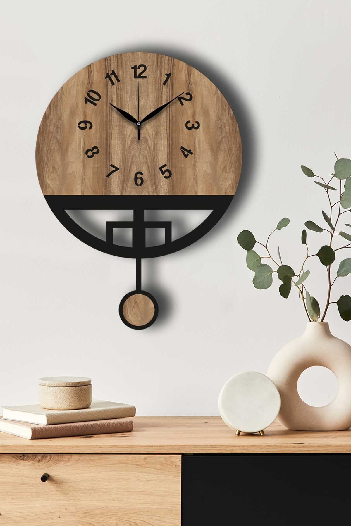 Relógio de Parede Decorativo em MDF Vlnt108Mo — Nogueira/Preto, Ø39 cm