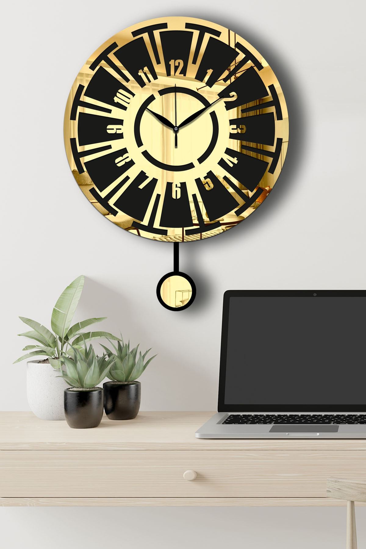 Relógio de Parede Decorativo Vlnt114Al — Dourado e Preto, MDF/Acrílico, Ø39 cm, Espessura 3,6 mm