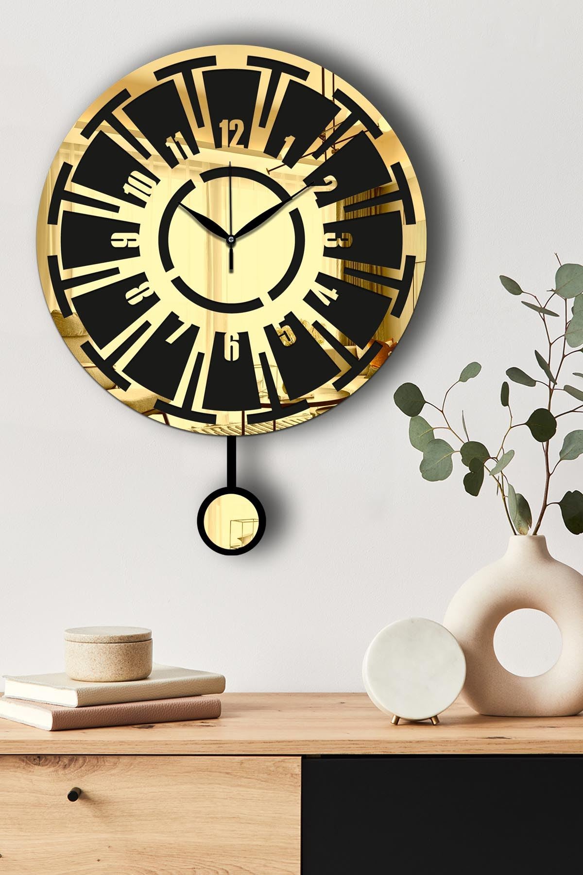 Relógio de Parede Decorativo Vlnt114Al — Dourado e Preto, MDF/Acrílico, Ø39 cm, Espessura 3,6 mm