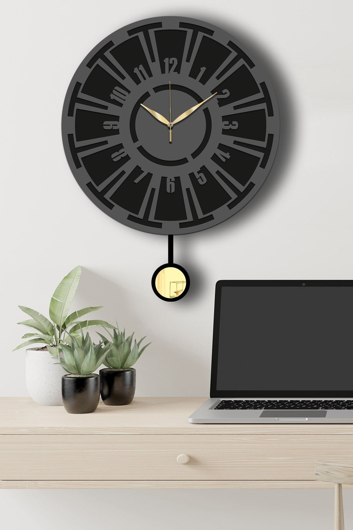 Relógio de Parede Decorativo Elegante em MDF (39 cm) – Antracite e Dourado | Vlnt114Ant