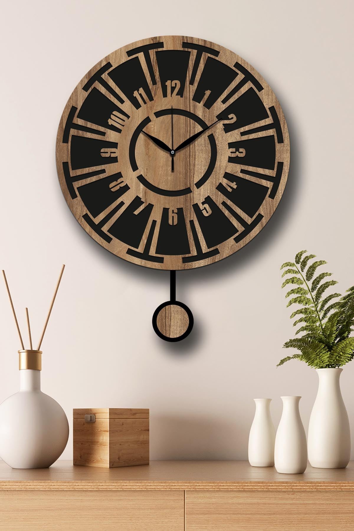 Relógio de Parede Decorativo 100% MDF, Nogueira/Preto, Ø39 cm – Vlnt114Mo