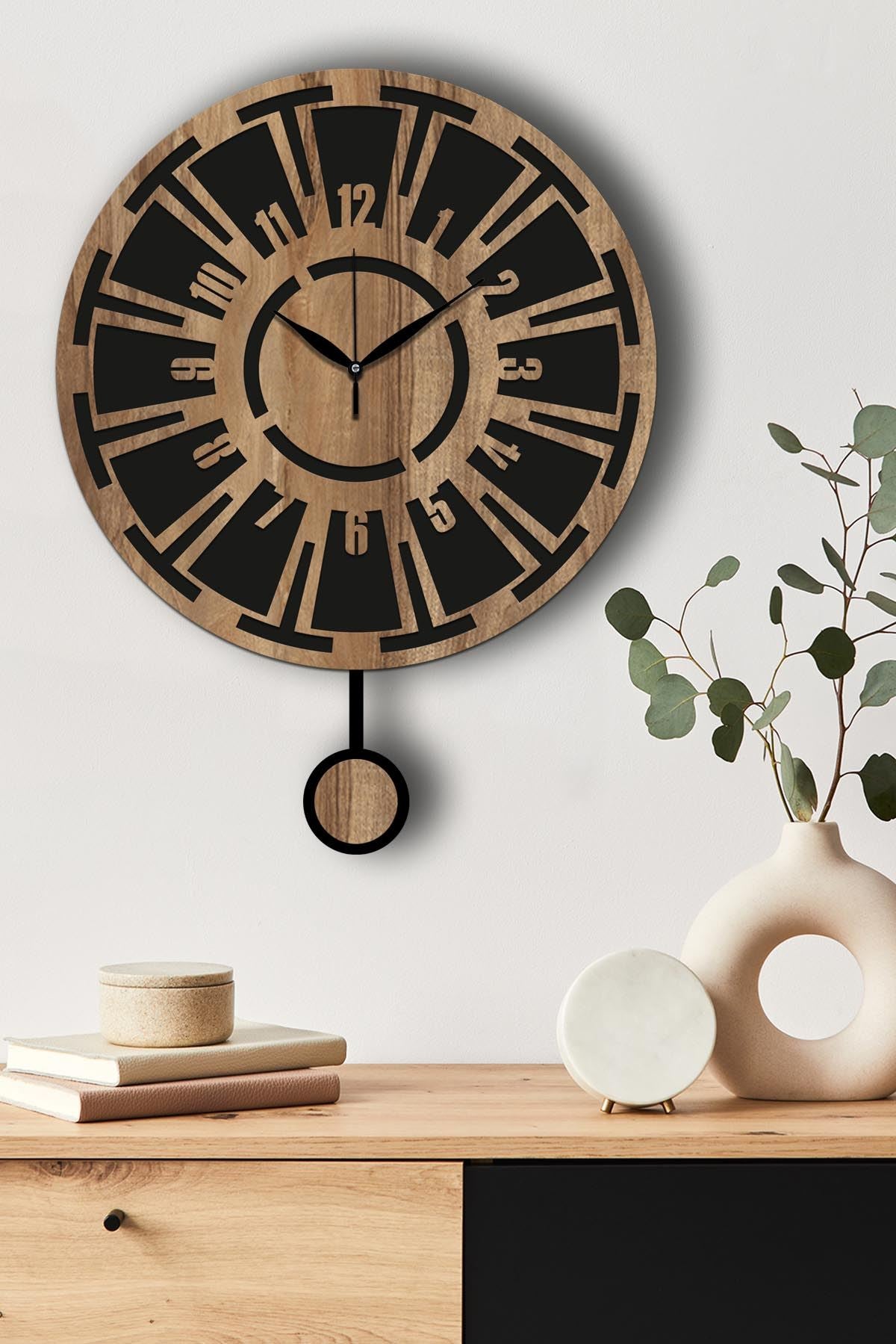 Relógio de Parede Decorativo 100% MDF, Nogueira/Preto, Ø39 cm – Vlnt114Mo