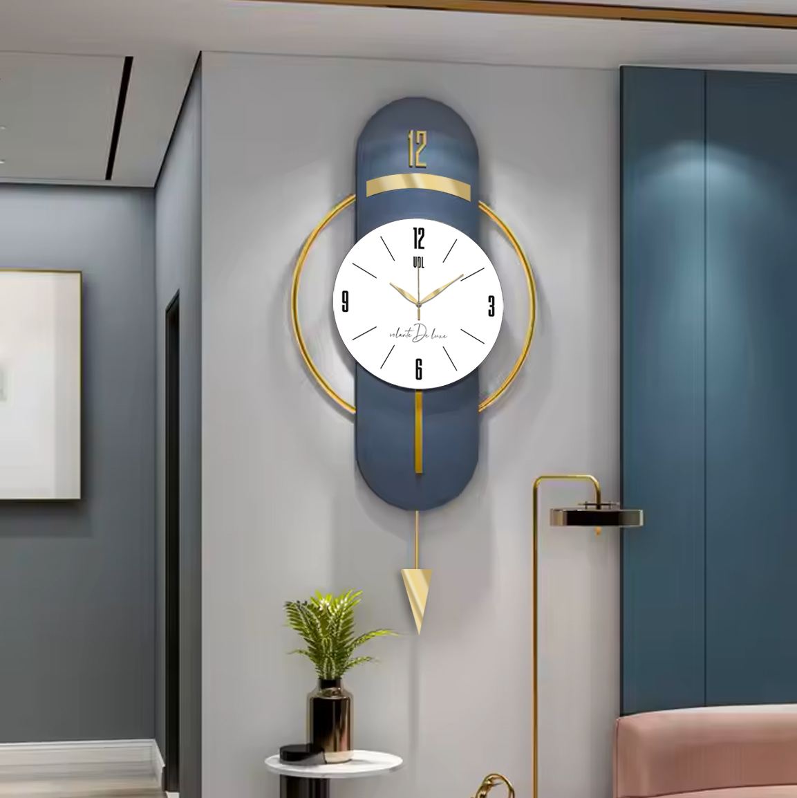 Relógio de Parede Decorativo Vlnt101 – Azul‑Marinho, MDF & Aço, Ø40 cm