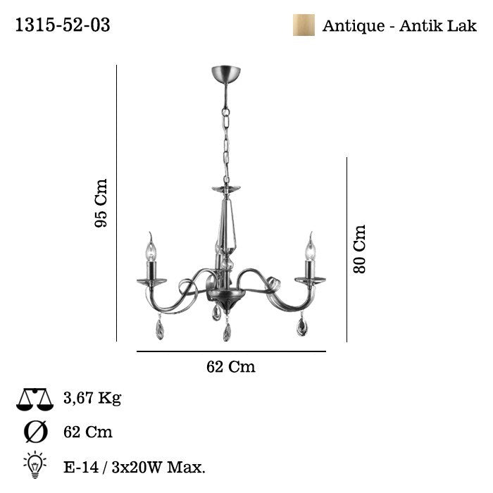 Candeeiro de Teto – 54-92 cm – Cor de antiguidade – Metal