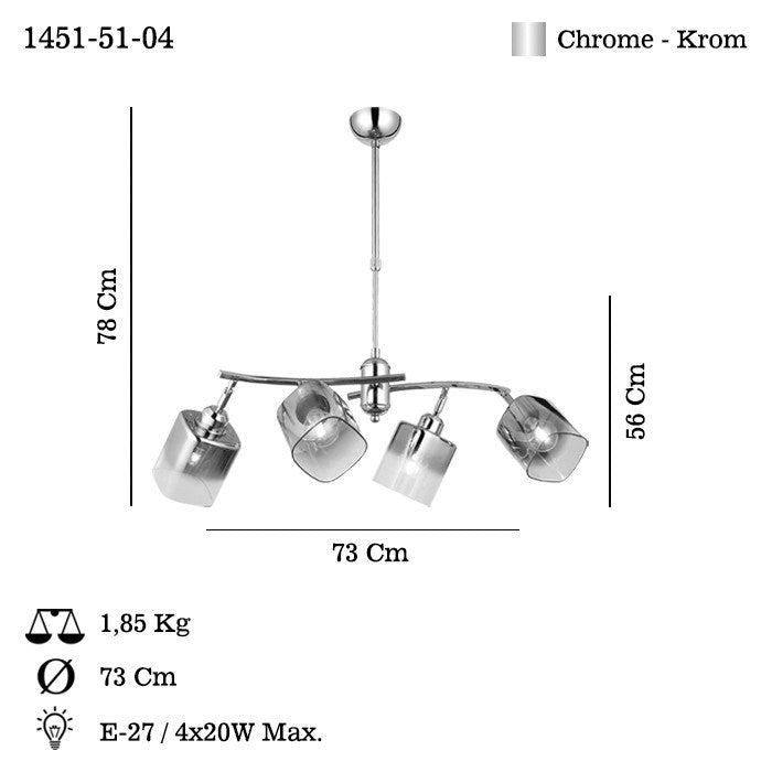 Candeeiro de Teto – Altura ajustável 57-80 cm – Cromo – Metal e vidro