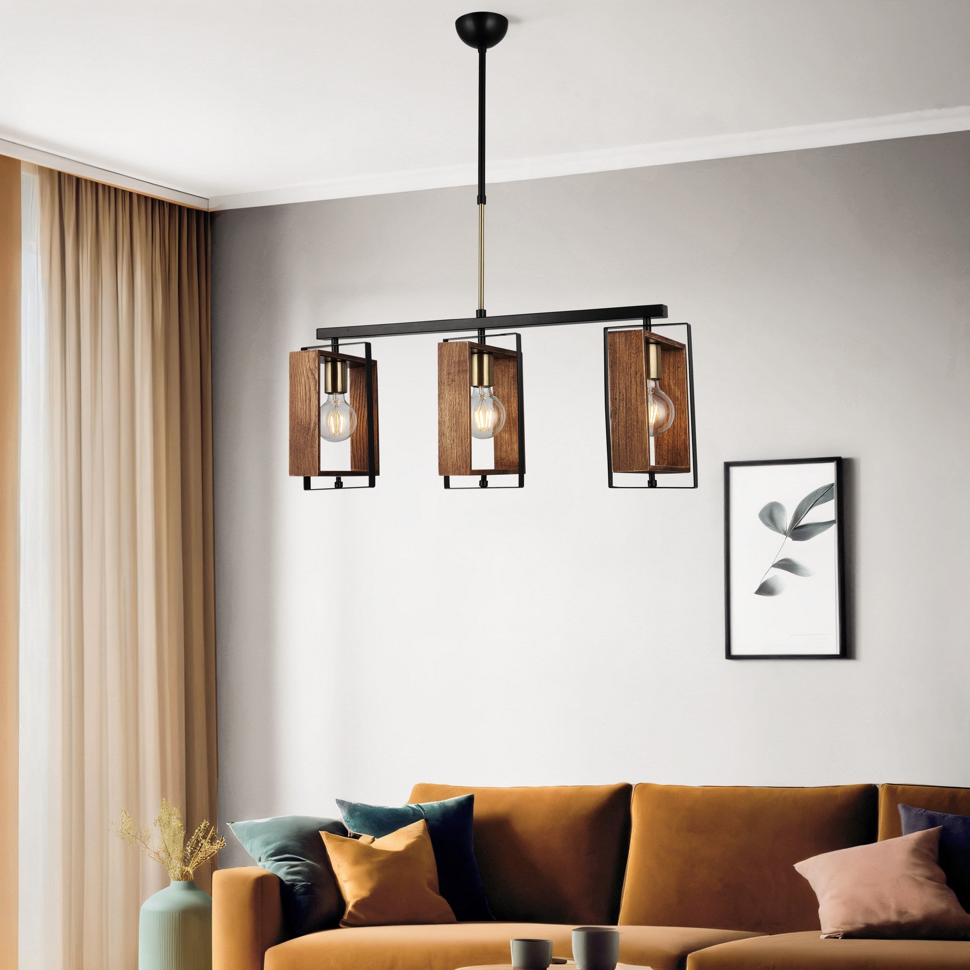 Candeeiro de Teto – 61-86 cm – Preto – Metal e Madeira