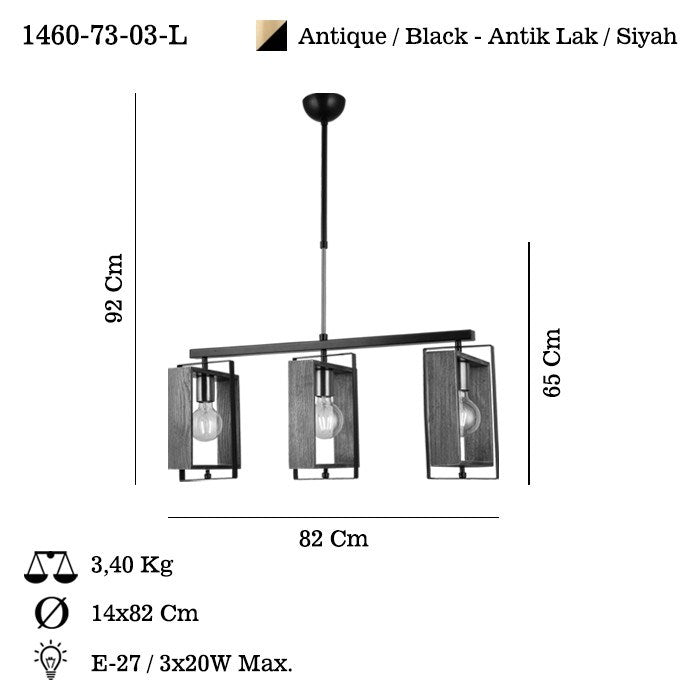 Candeeiro de Teto – 61-86 cm – Preto – Metal e Madeira