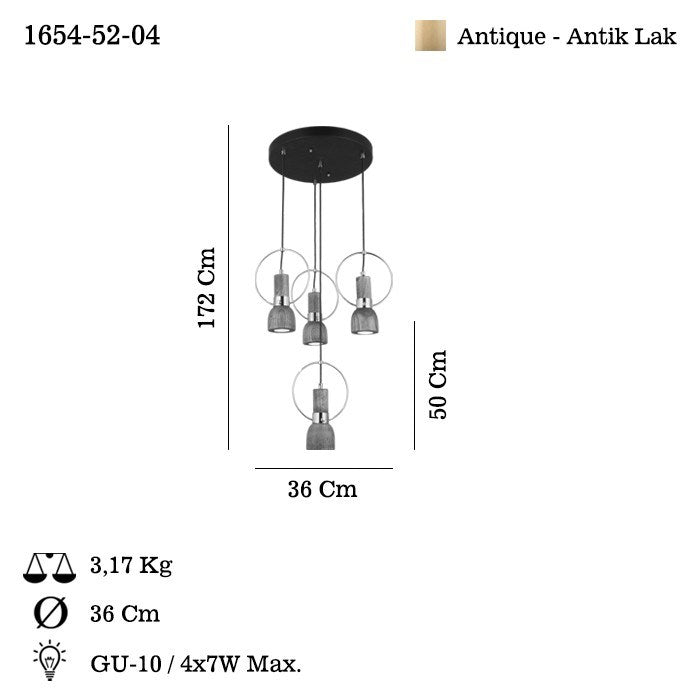 Candeeiro de Teto - 50 a 172 cm - Laca Antiquada - Metal e Madeira