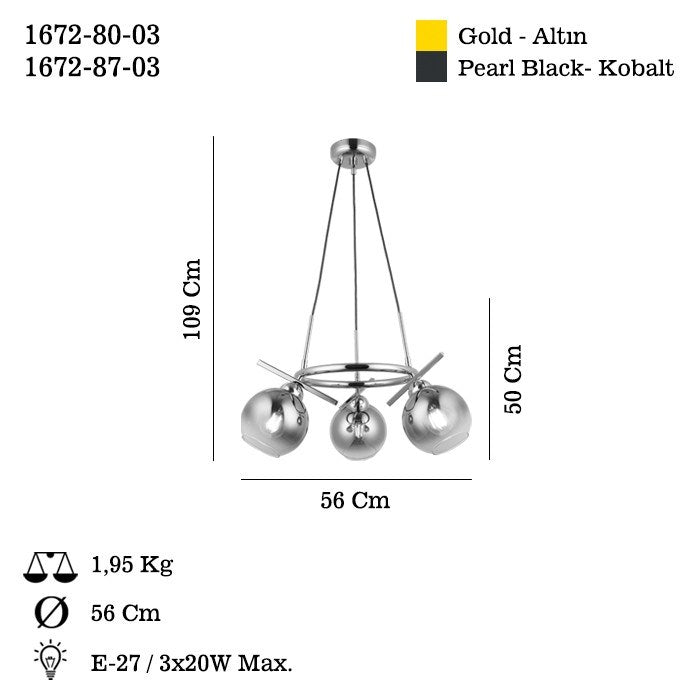 Candeeiro de Teto – 50-109 cm – Cobalto – Metal com vidro